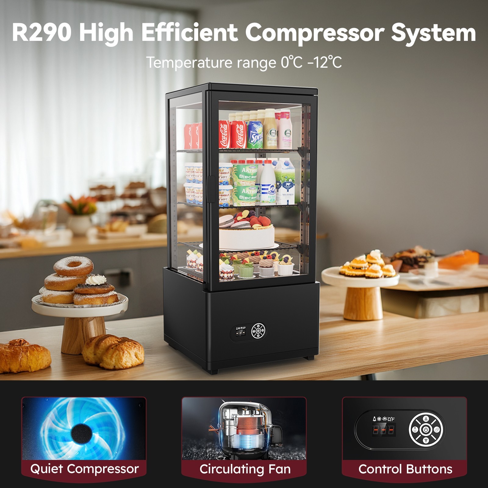 3 Cu.Ft Refrigerated Display Case Bakery Countertop Cake Refrigerator w/ LED
