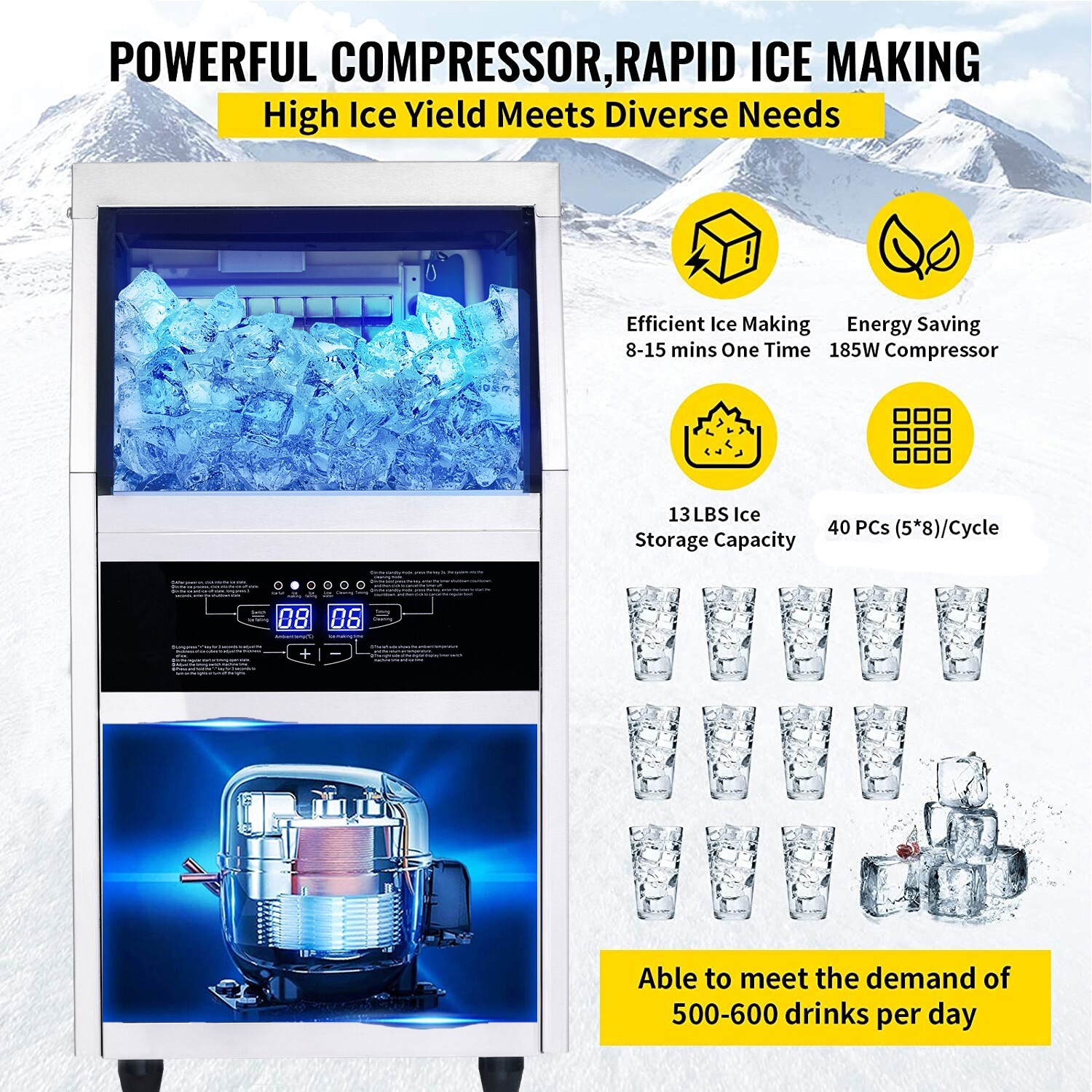 Commercial Ice Maker 90lbs Freestand/Built-in Home Bar Restaurant Ice Cube Maker