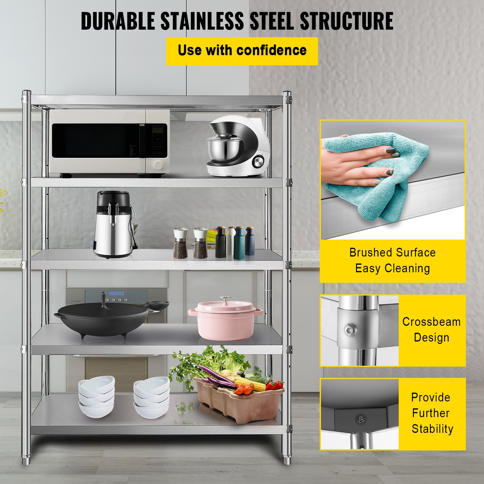 5-Tier Kitchen Shelves Shelf Rack Stainless Steel Shelving Organizer 47.5×18 in