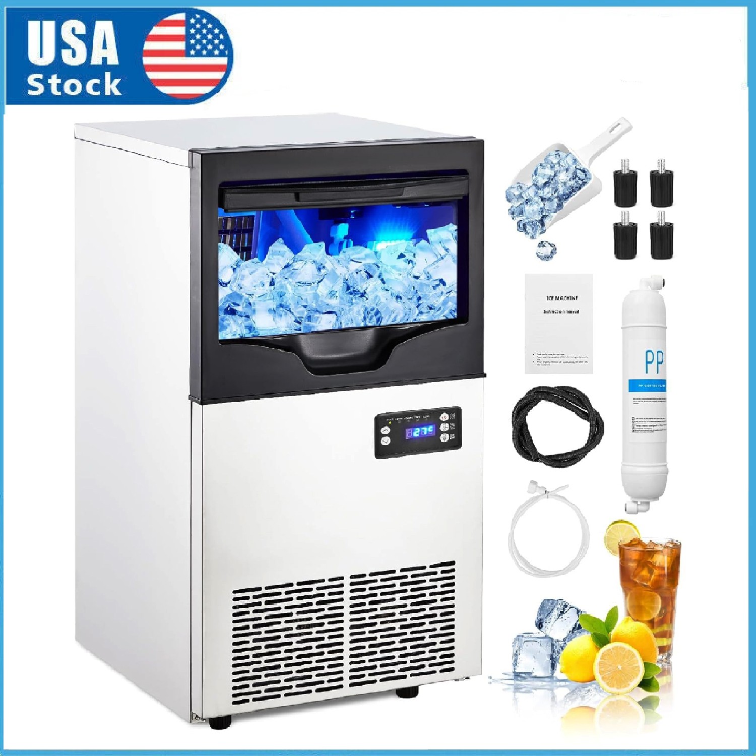 100Lbs/24H Commercial Ice Maker ,Stainless Steel Under Counter Ice Cube Machine