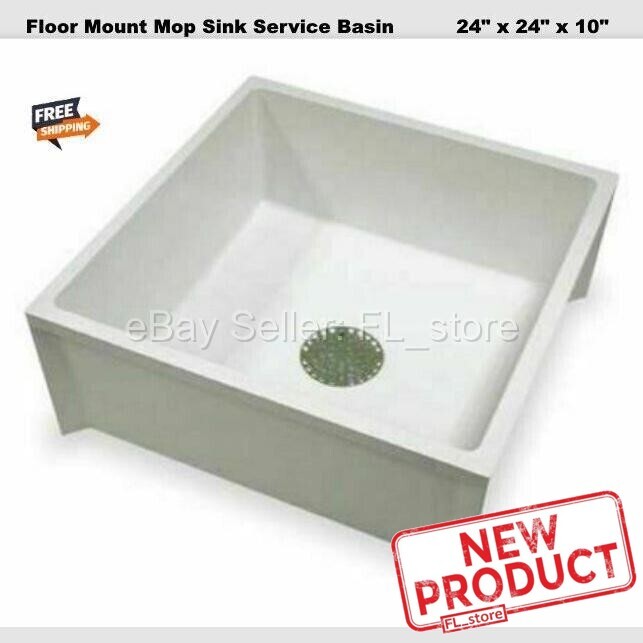 Floor Mount Mop Sink Service Basin 24 x 24 x 10″ Single Bowl Center Drain White