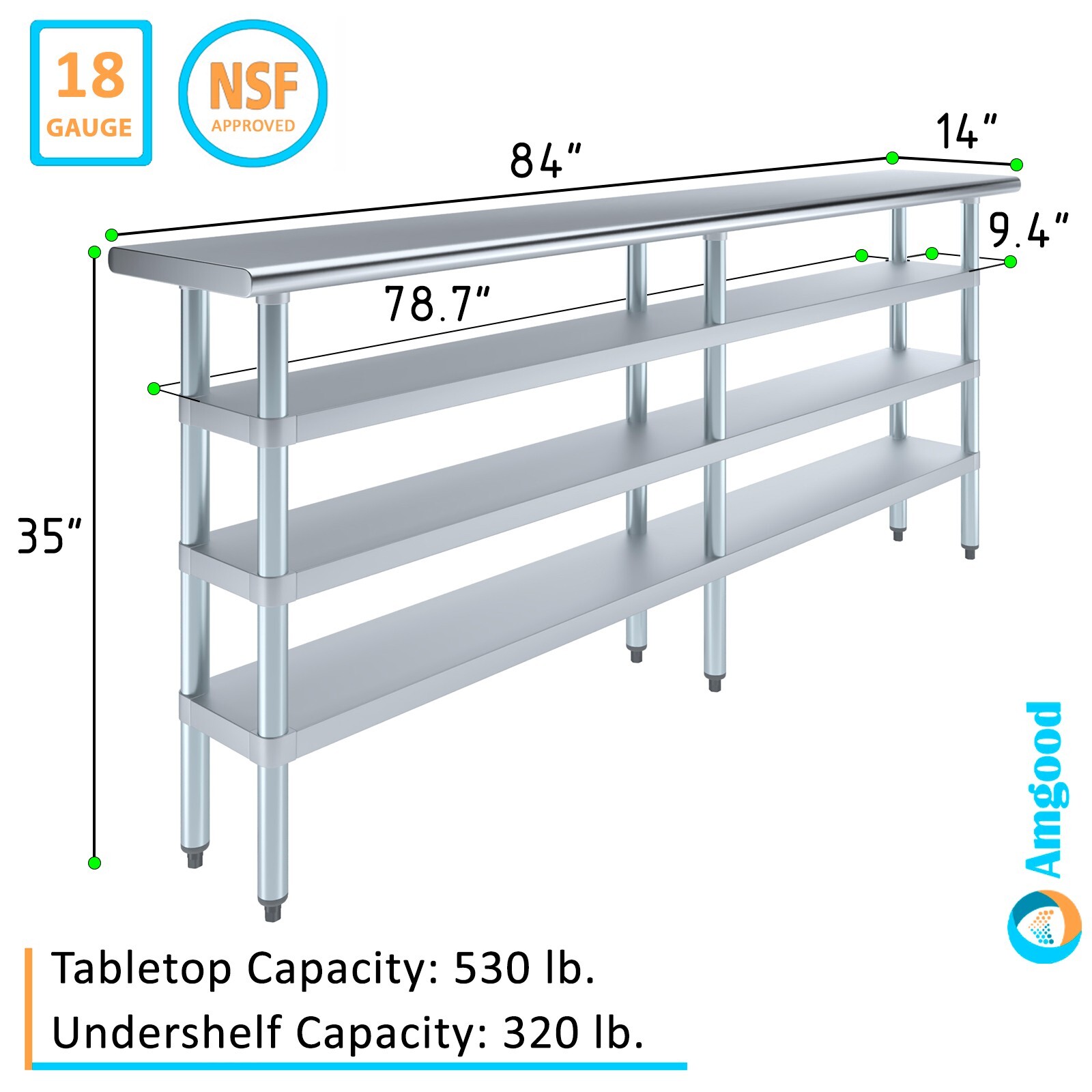 14 in. x 84 in. Stainless Steel Table With Three Undershelves