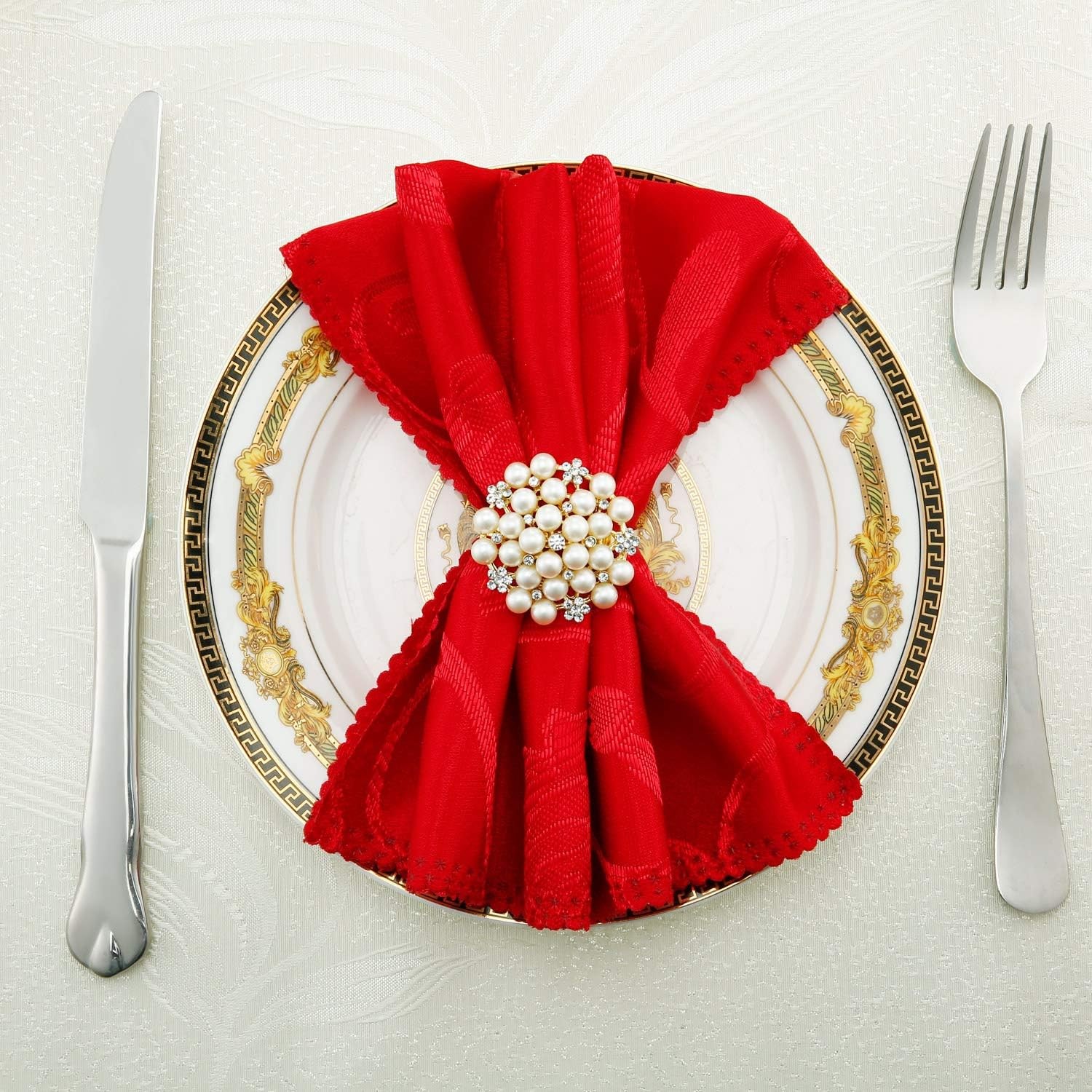 144 Pcs Gold Napkin Rings Pearls and Flower Napkin Buckles Rhinestone Bling
