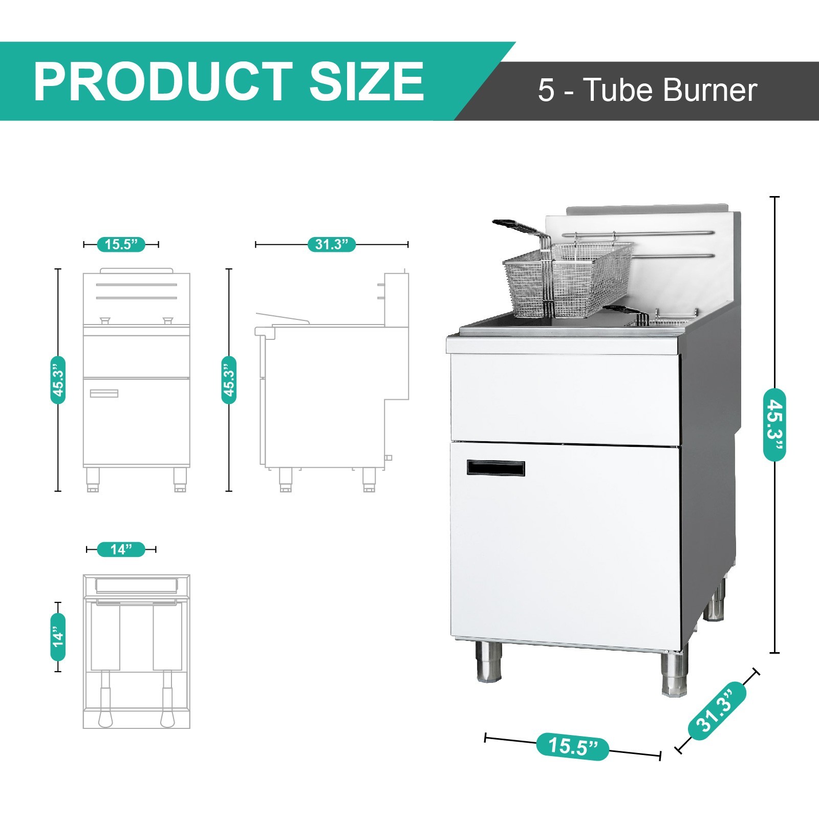 Commercial Deep Fryer 5-Burner Natural Gas Fryer 100 lb 150000 BTU 200°F-400°F