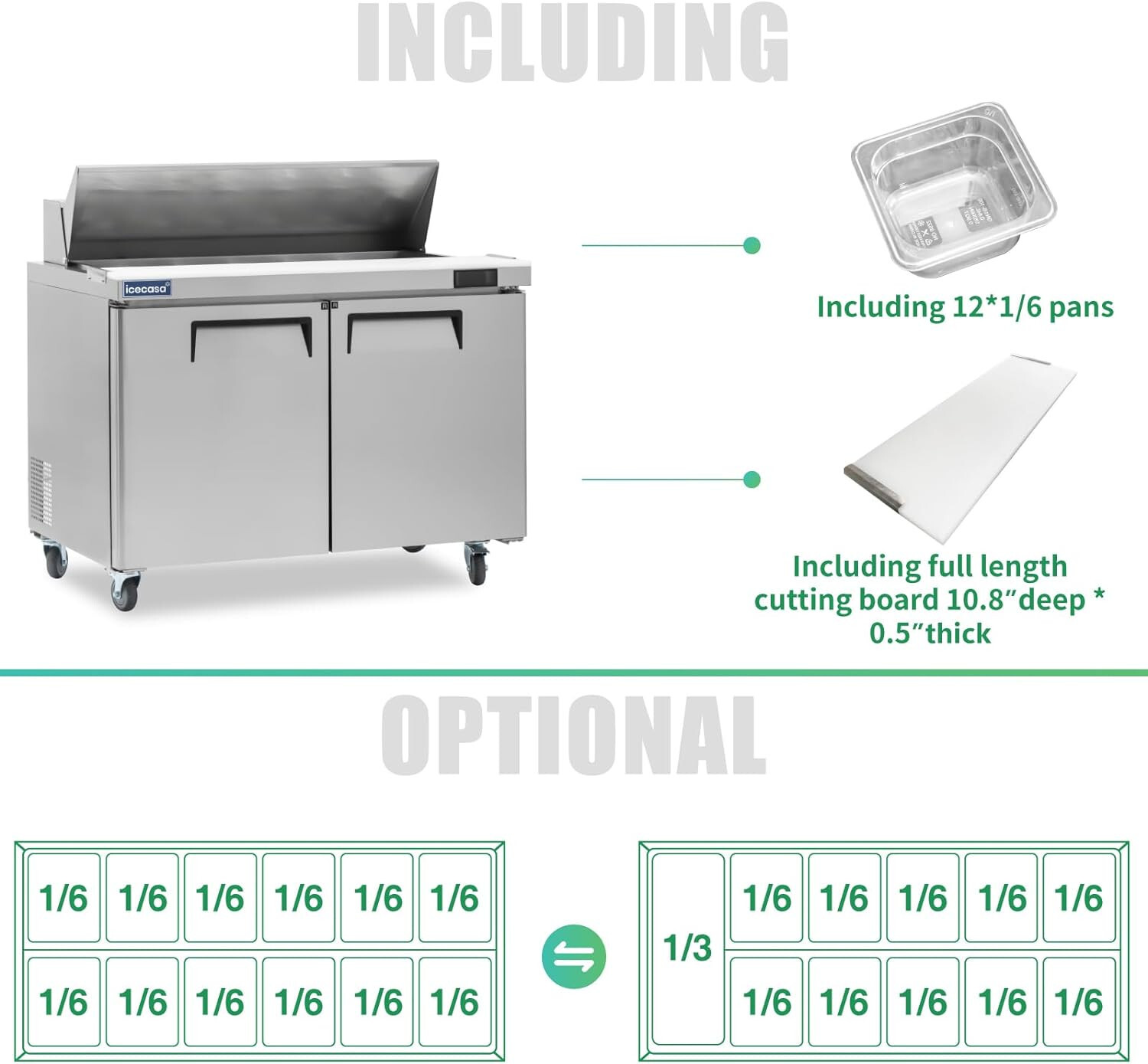 48″ Sandwich Prep Table Fridge, ICECASA 2 Door Food Bain Marie Cooler, 12 Pans