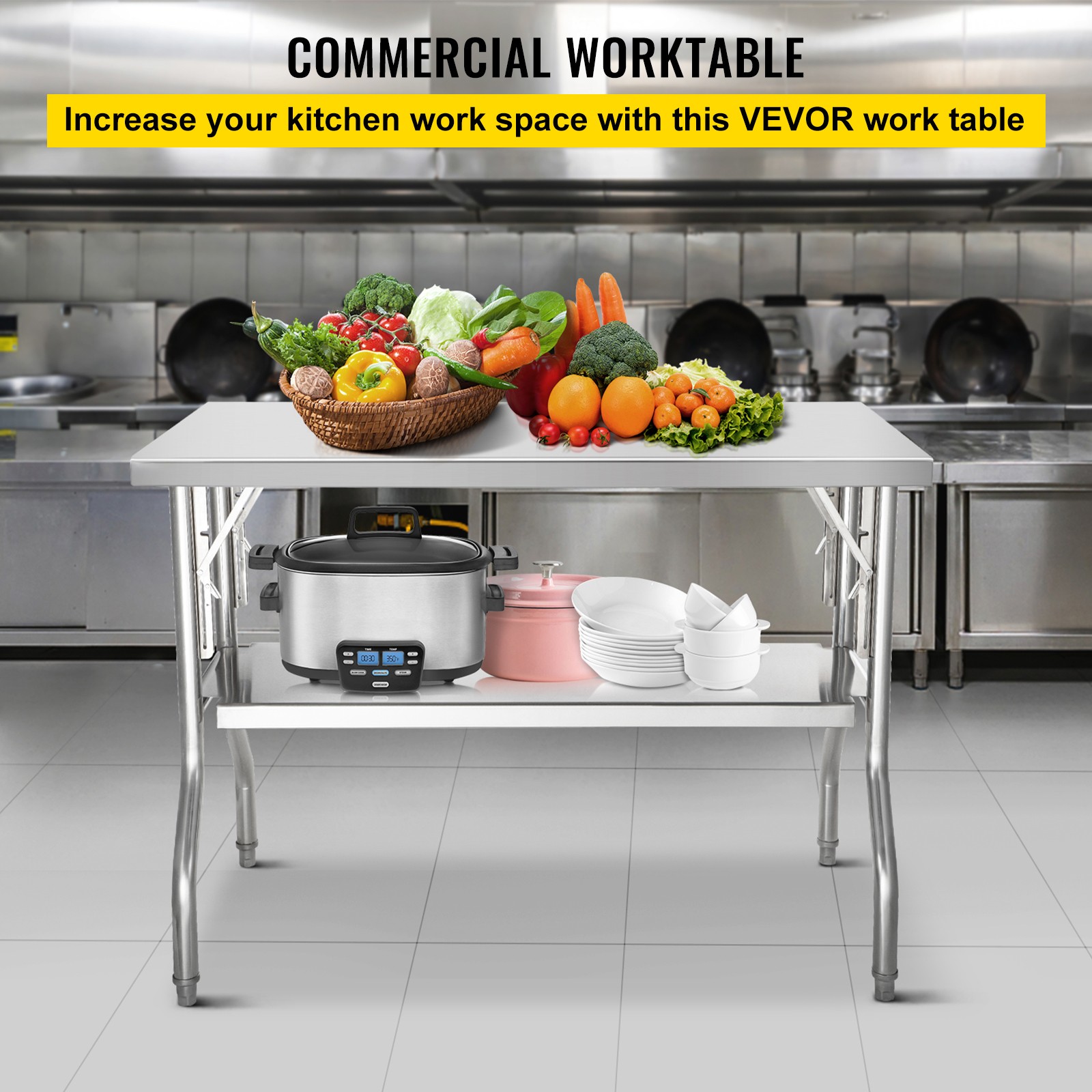 VEVOR Commercial Stainless Steel Folding Work Prep Tables Open Kitchen 48×24 In