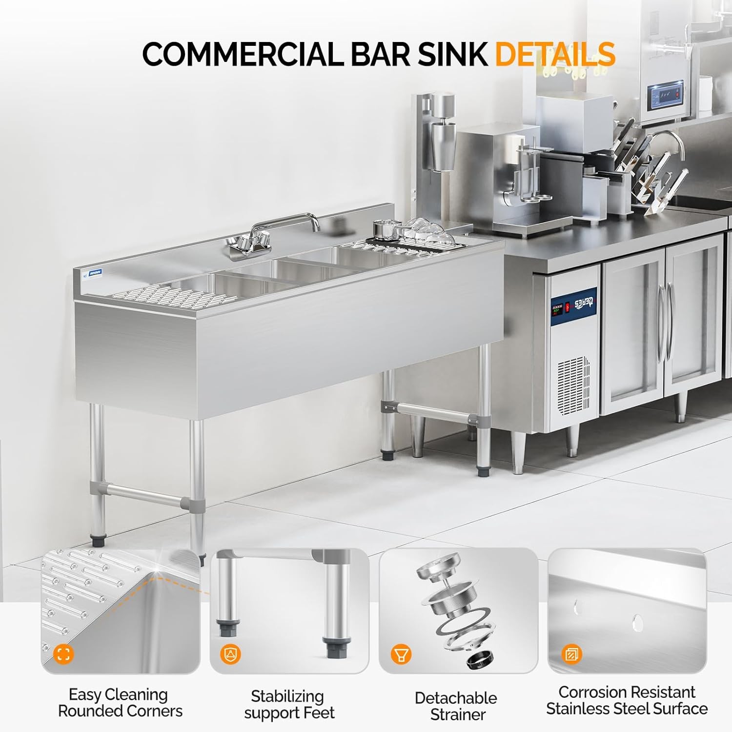 Commercial Kitchen Sink with 3 Compartments and Double Drainboard for Restaurant