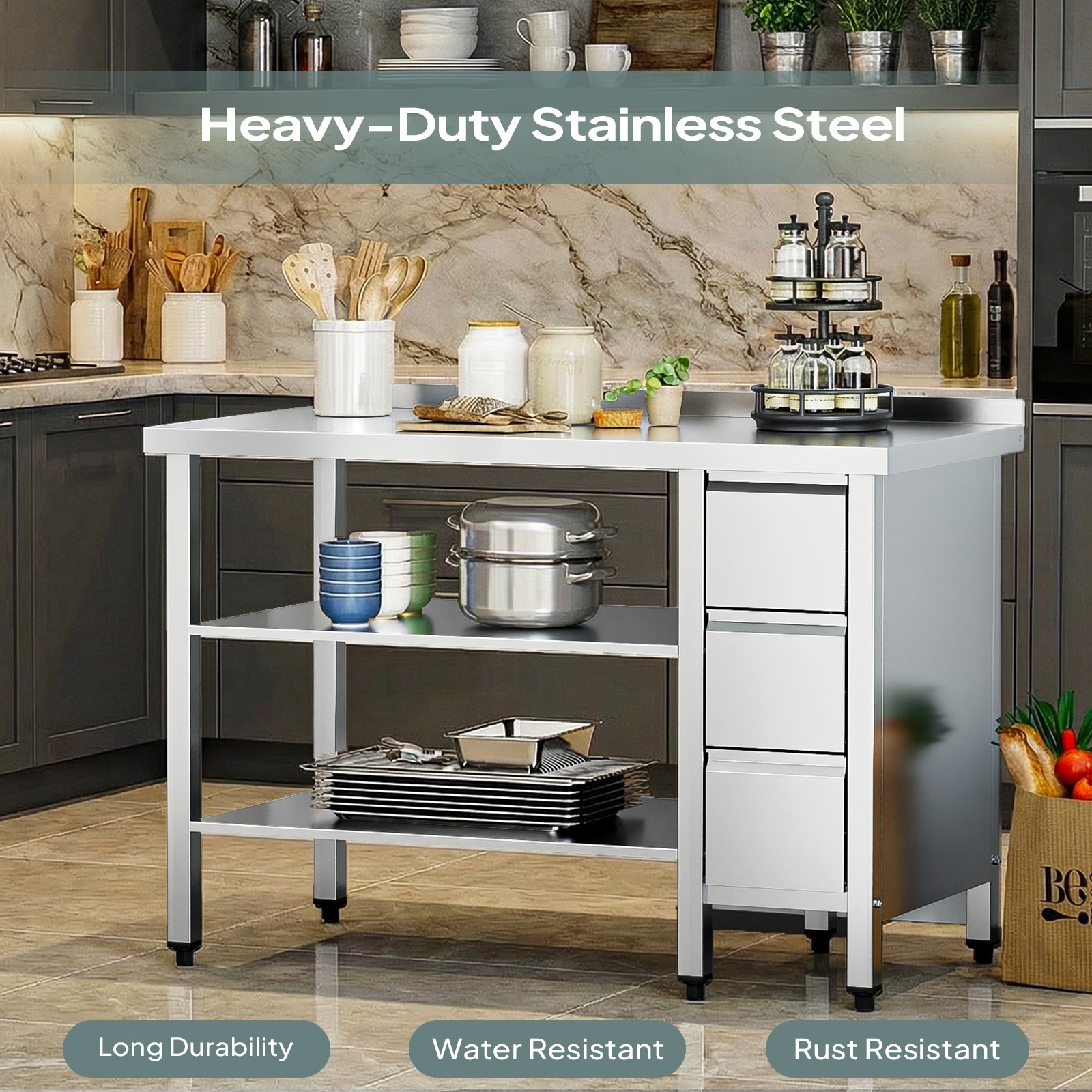 47″ x 24″ x 32″ Stainless Steel Work Table Heavy Duty Prep Table with 3 Drawers