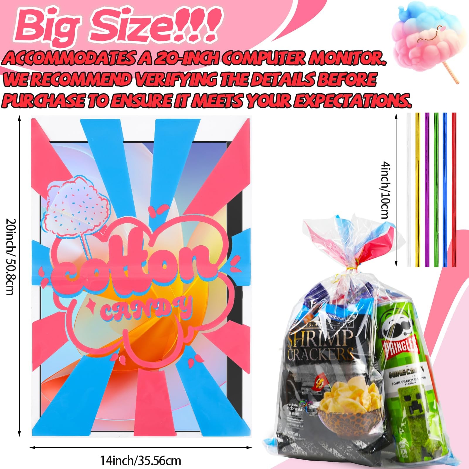 GraceKit 50 Pcs Cotton Candy Bags with Ties,14″ x 20″ Large Clear Cotton Cand…