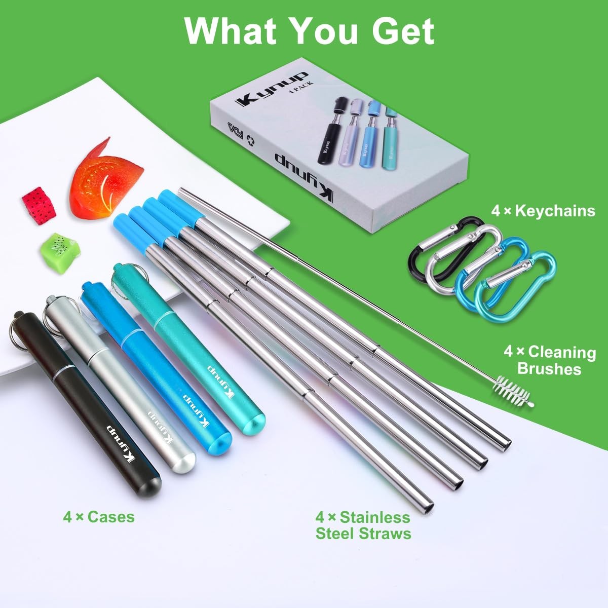 Kynup 4Packs Reusable Straws Metal Straw Silicon Travel Drinking Straws Case