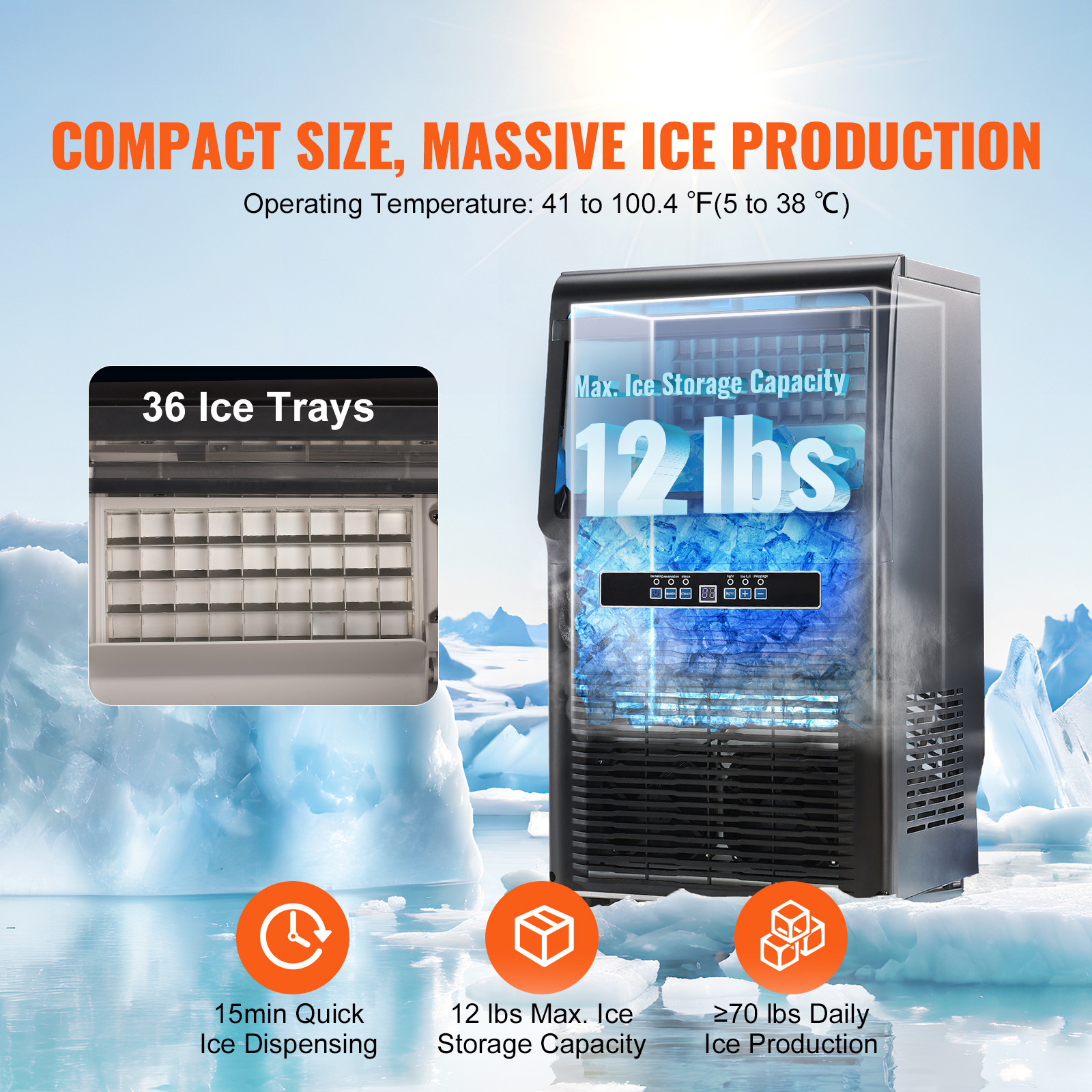 VEVOR 70lbs/24H Commercial Ice Maker Under Counter Freestanding ice Cube Machine
