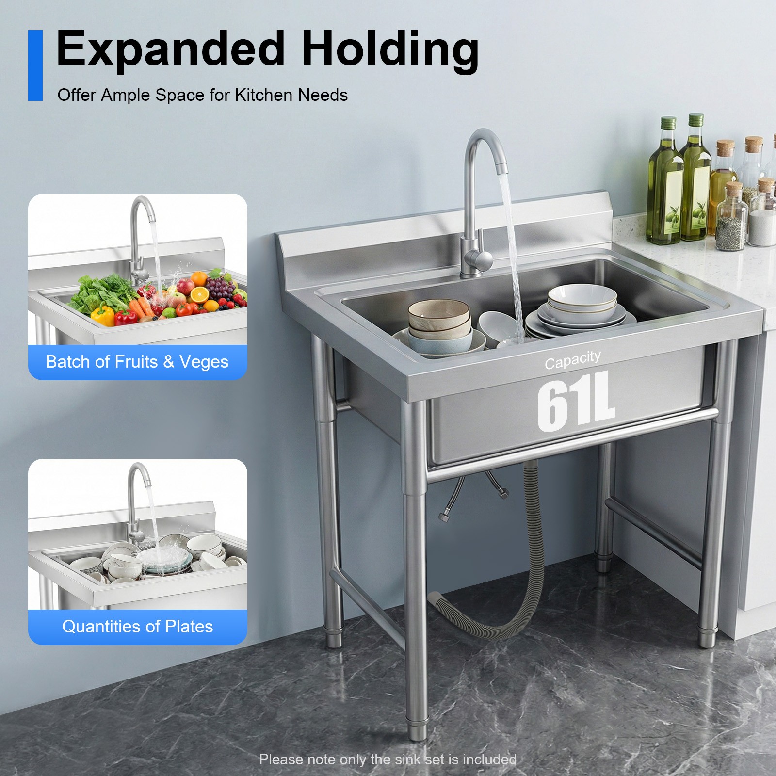 Utility Kitchen Sink Standing Stainless Steel Commercial Restaurant Laundry Sink