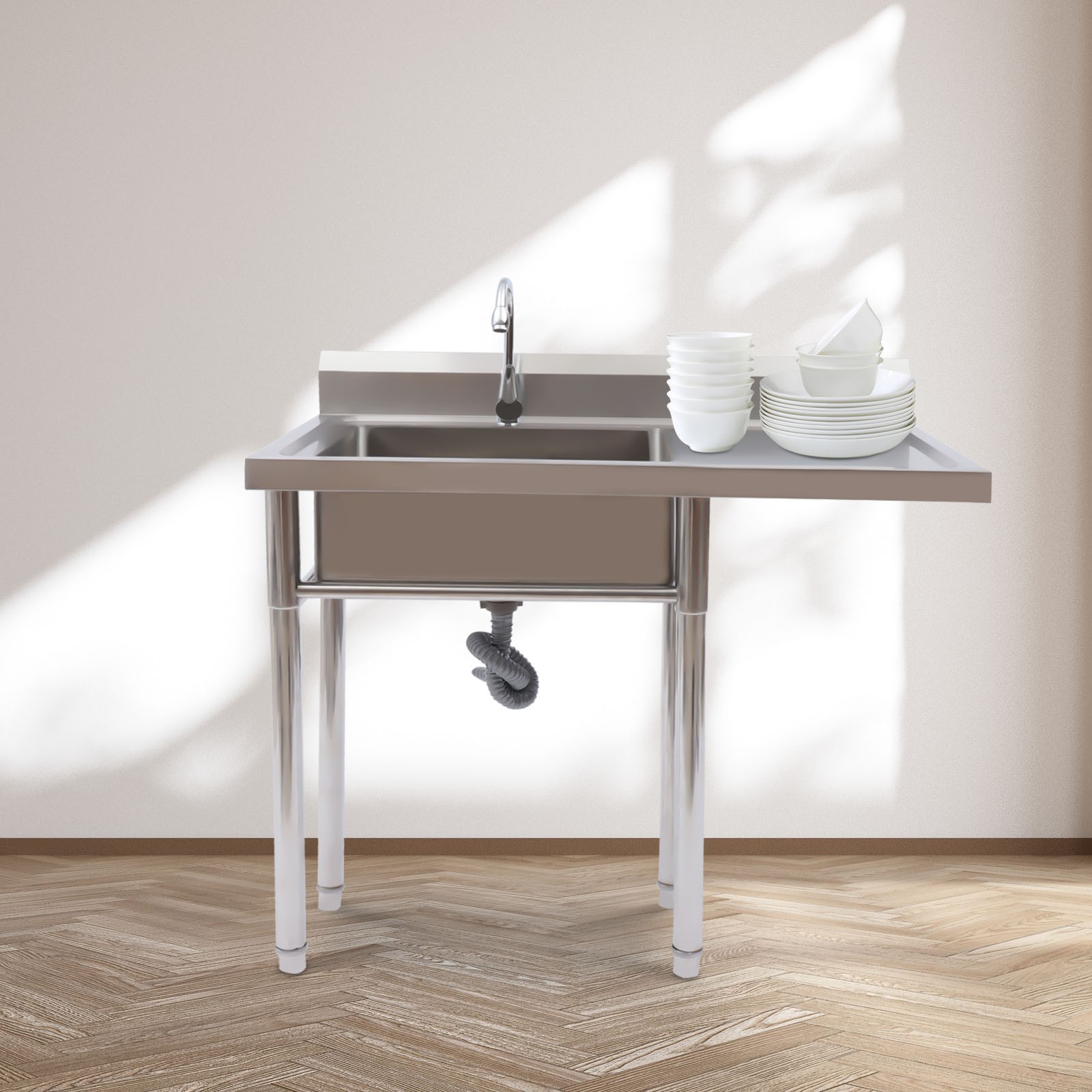 Free Standing Single Bowl Sink Commercial Restaurant Kitchen Sink with Faucet