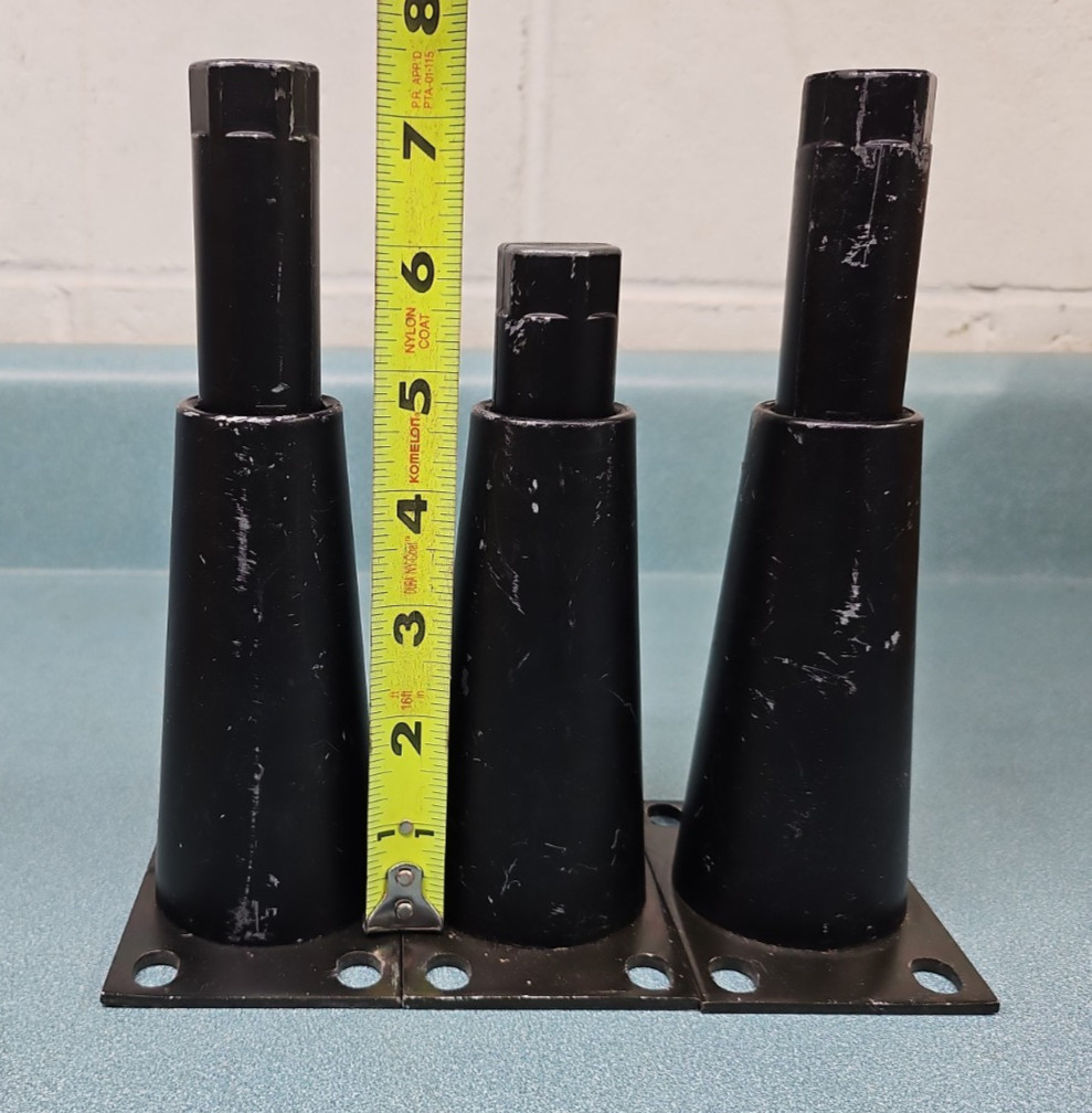 Black metal adjustable equipment legs with attachment plate. 6″-7.5″ (3)