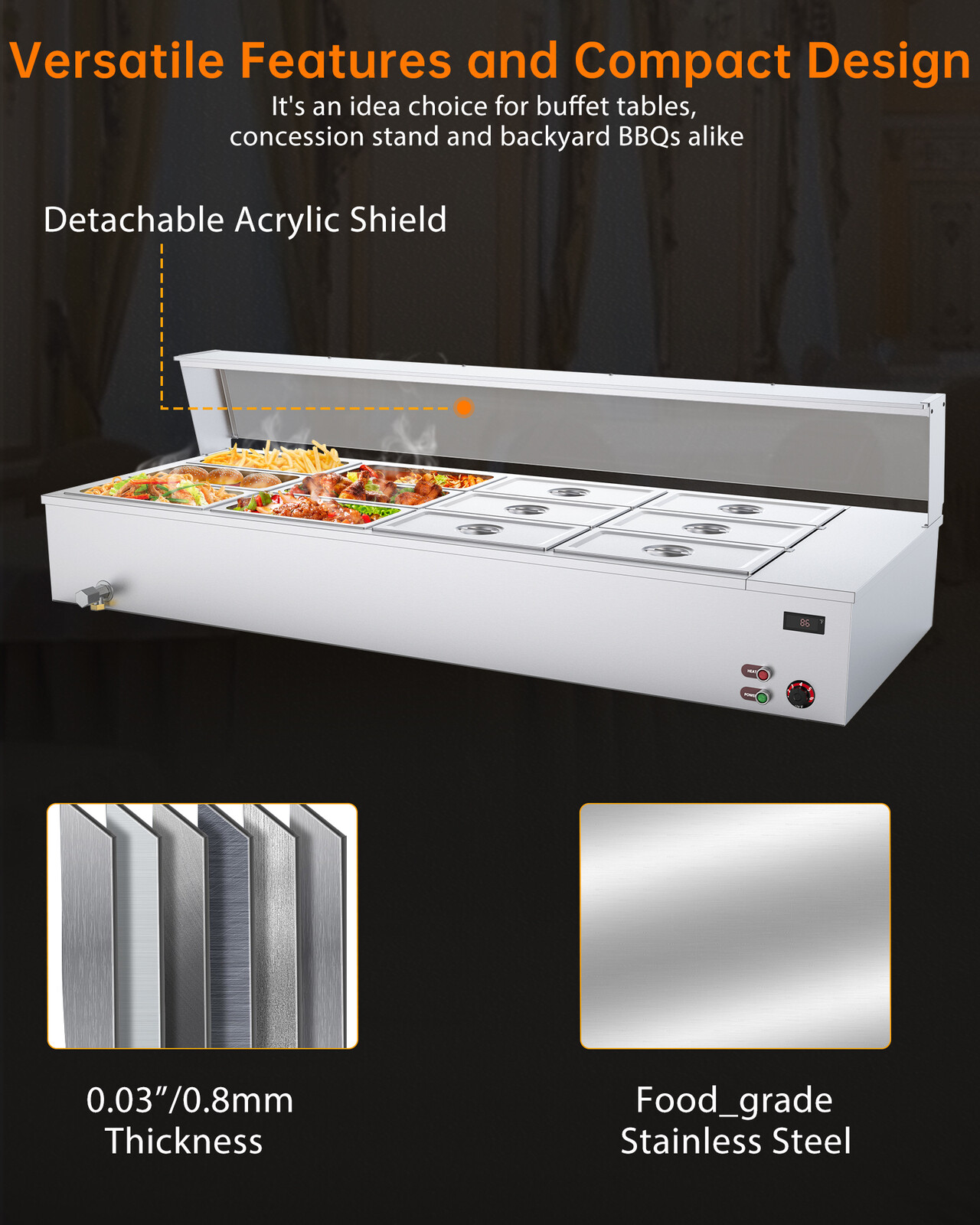 Commercial Food Warmer Steam Table w/Shield 96QT Buffet Restaurant 1500W
