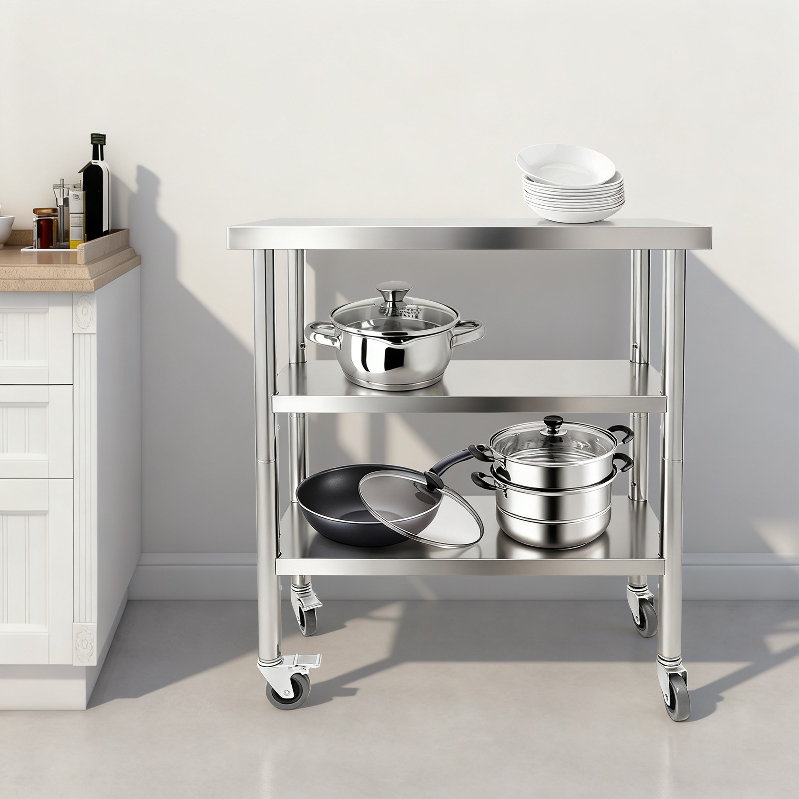 30*14*35in Utility Table, 3 Tiers Work Table, Metal Work Bench With 4* Casters