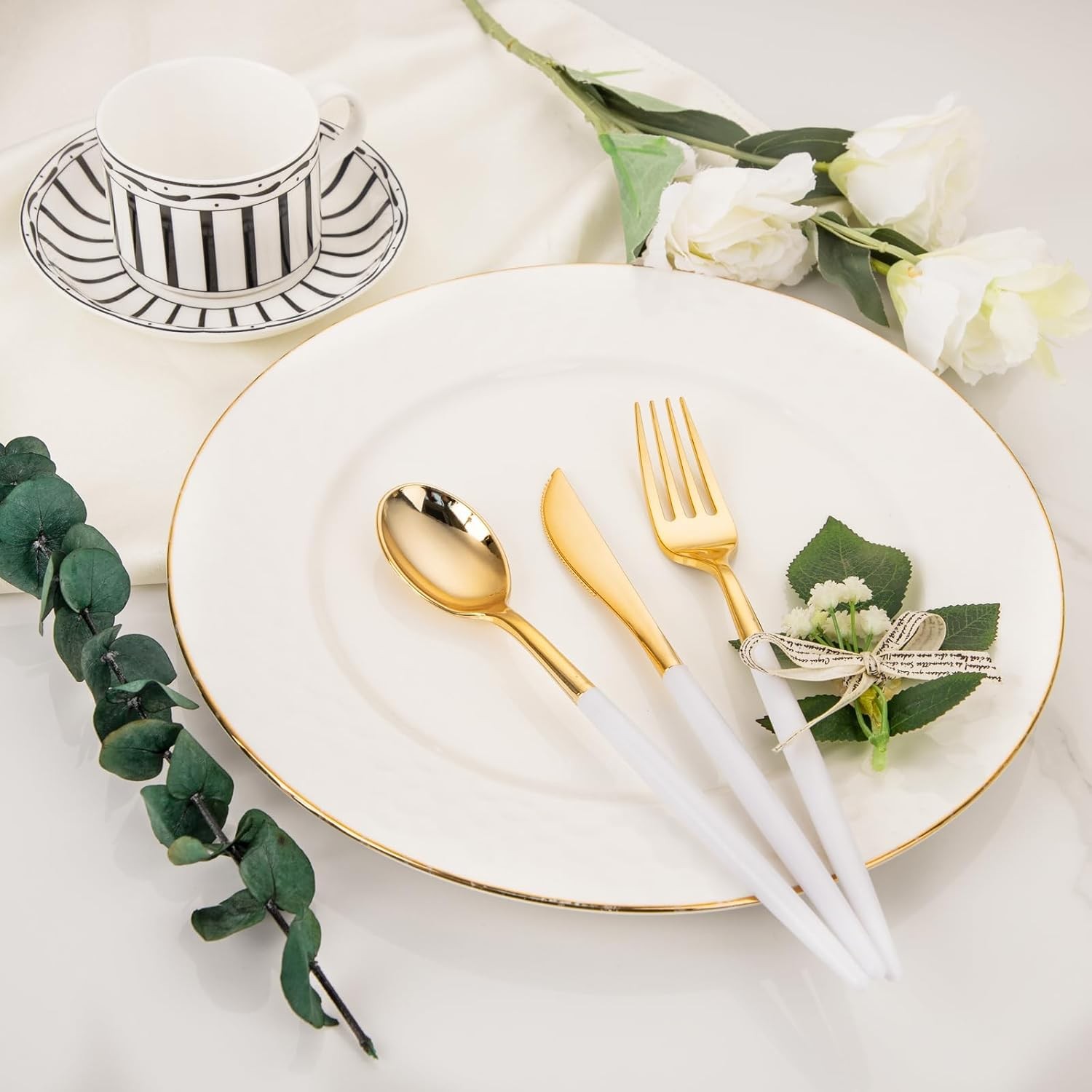 144Pcs Gold Plastic Silverware, Gold Plastic Utensils Set,Disposable Utensils