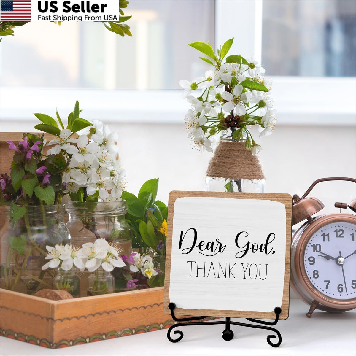 Home Decor, Farmhouse Shelf Table Wooden Sign with Iron Stand, Dear God