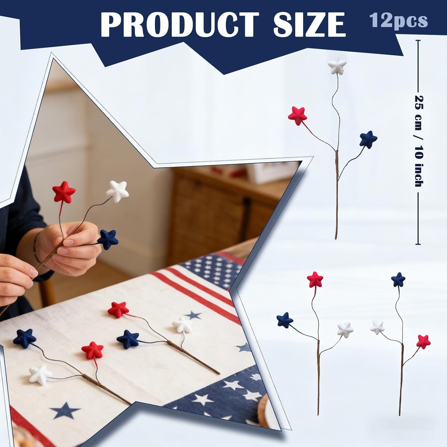 12PCS 10 Inch 4th of July Star Picks, Patriotic Flocked Artificial Berry Stem…