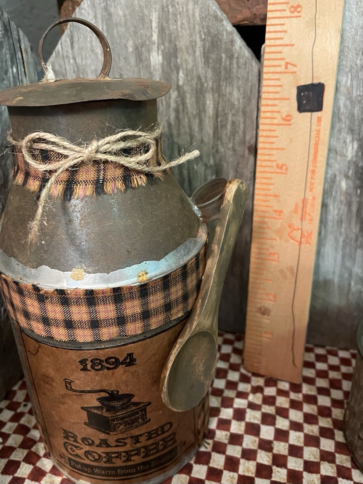 VTG PRIMITIVE FARMHOUSE Decor REPURPOSED MILK CAN “ROASTED COFFEE + SPOON