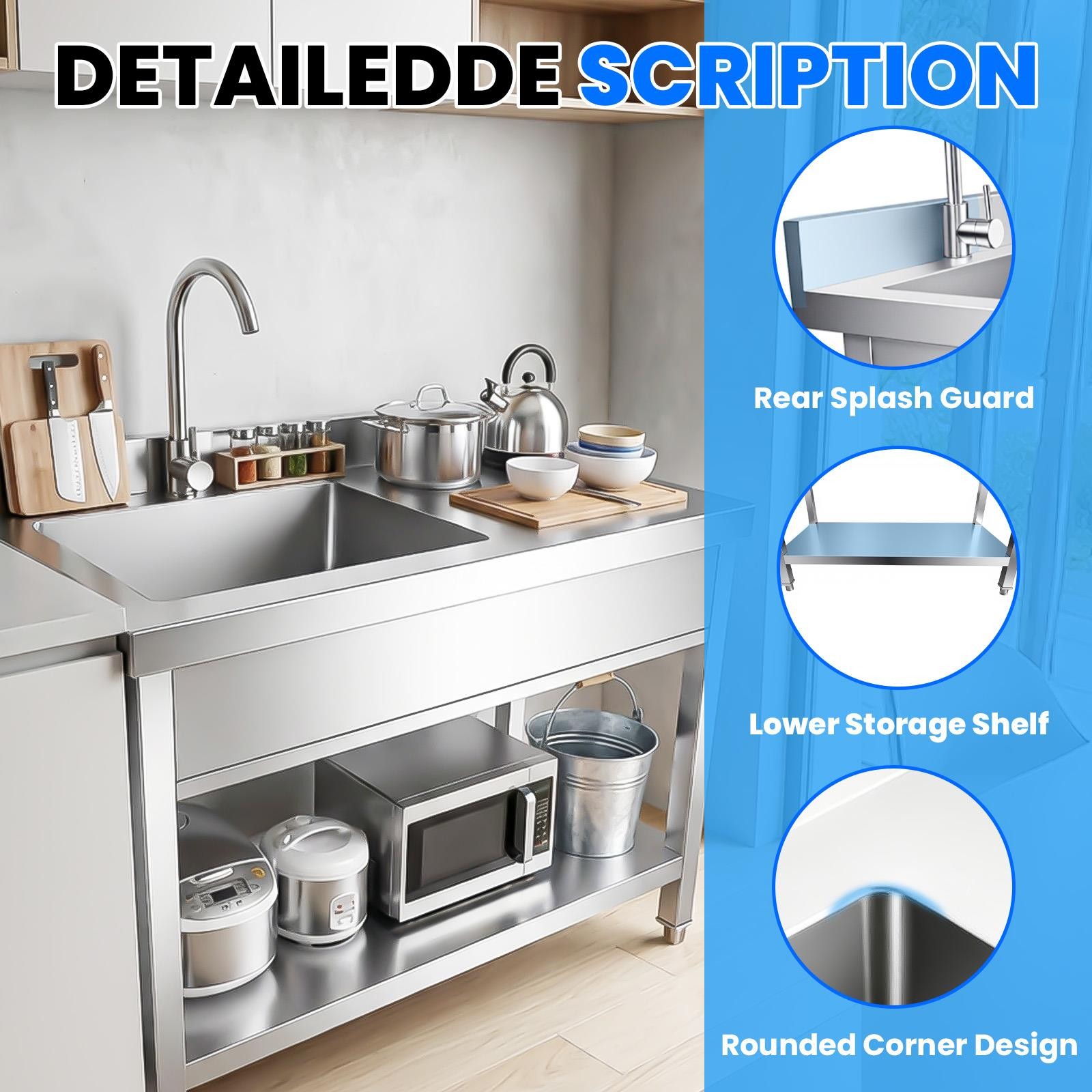 Stainless Steel Commercial Kitchen Sink,39″ Single Bowl Utility Sink Commercia