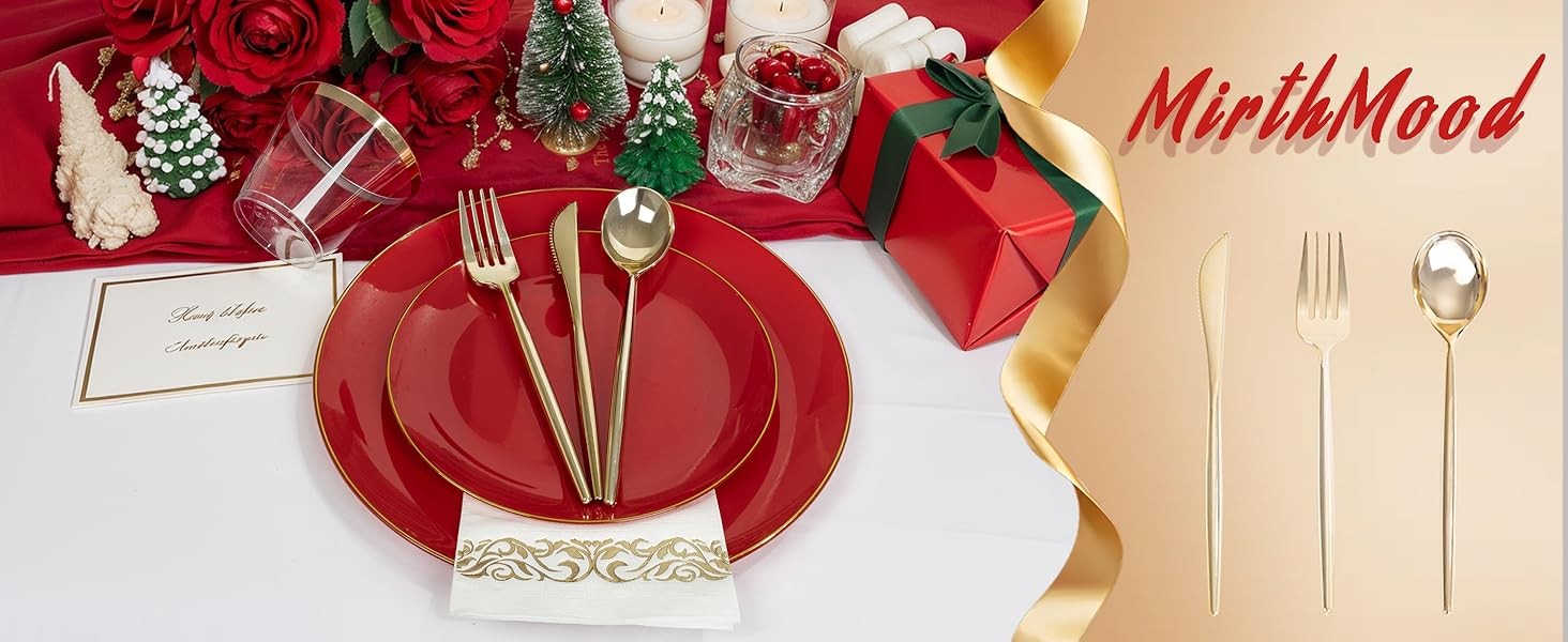 MirthMood 210pcs Red Plastic Plates,Disposable Red Gold Party Plates,Include 30