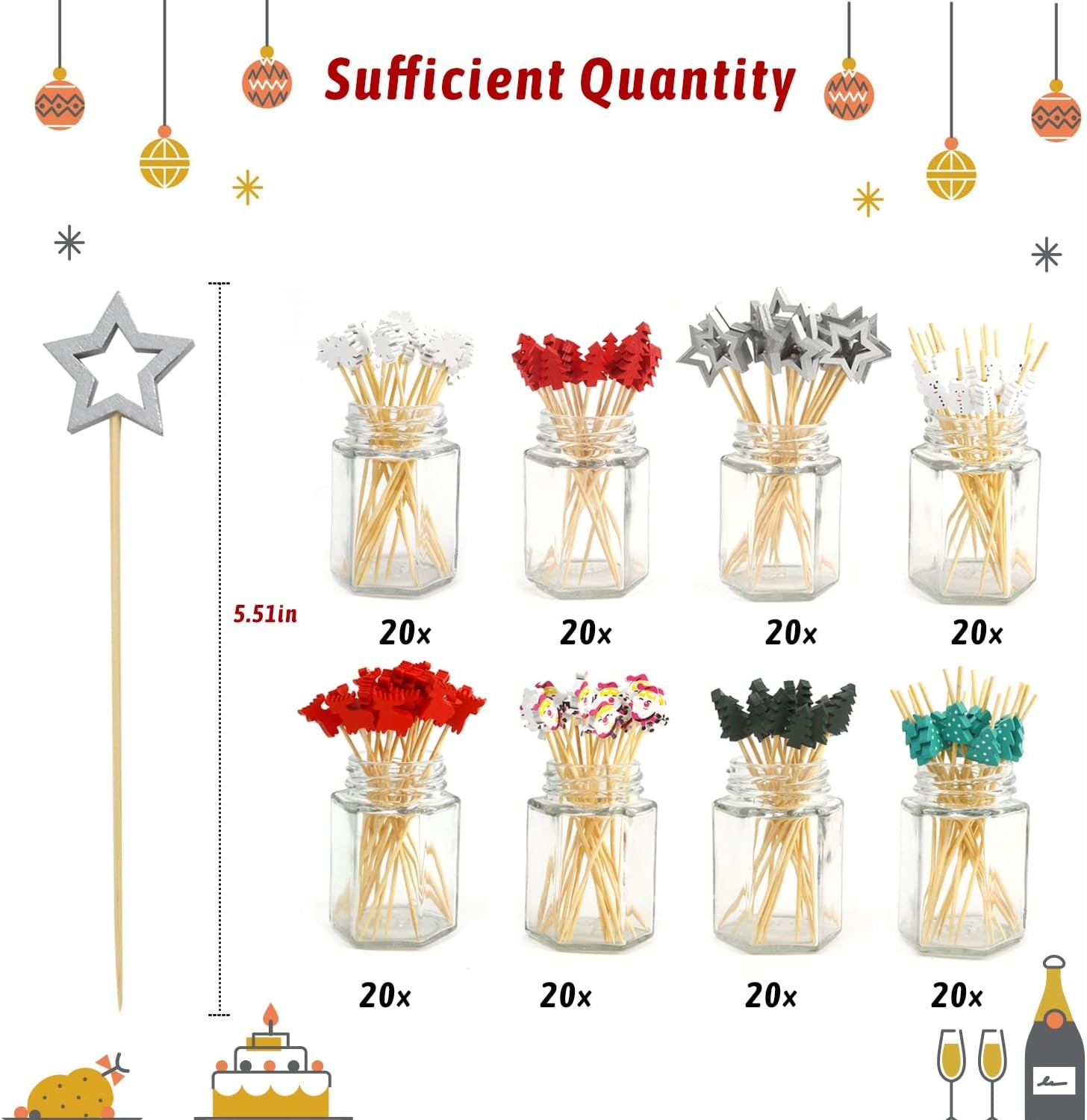 160PCS Christmas Cocktail Picks,Assorted Xmas Bamboo Fruits Toothpicks for Food