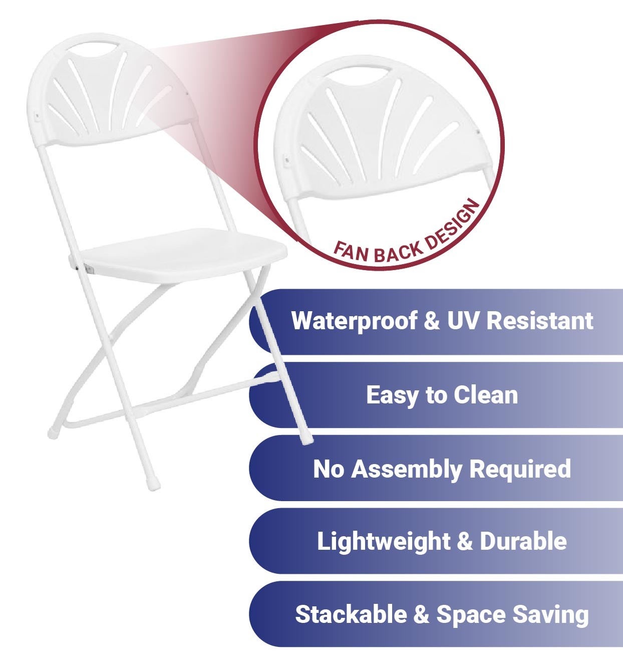 Plastic Folding Chairs White Fan Back Outdoor 300lb Capacity Steel Frame 8 Pack