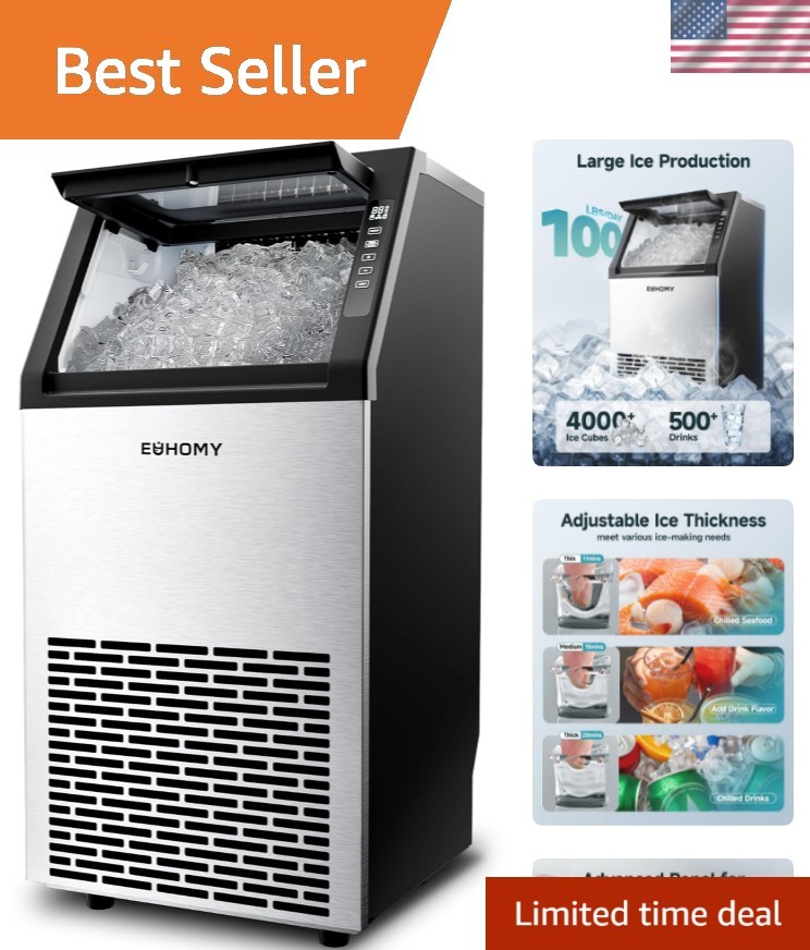 Adjustable Ice Thickness Ice Maker with 33 lbs Bin – Perfect for Bars & Homes