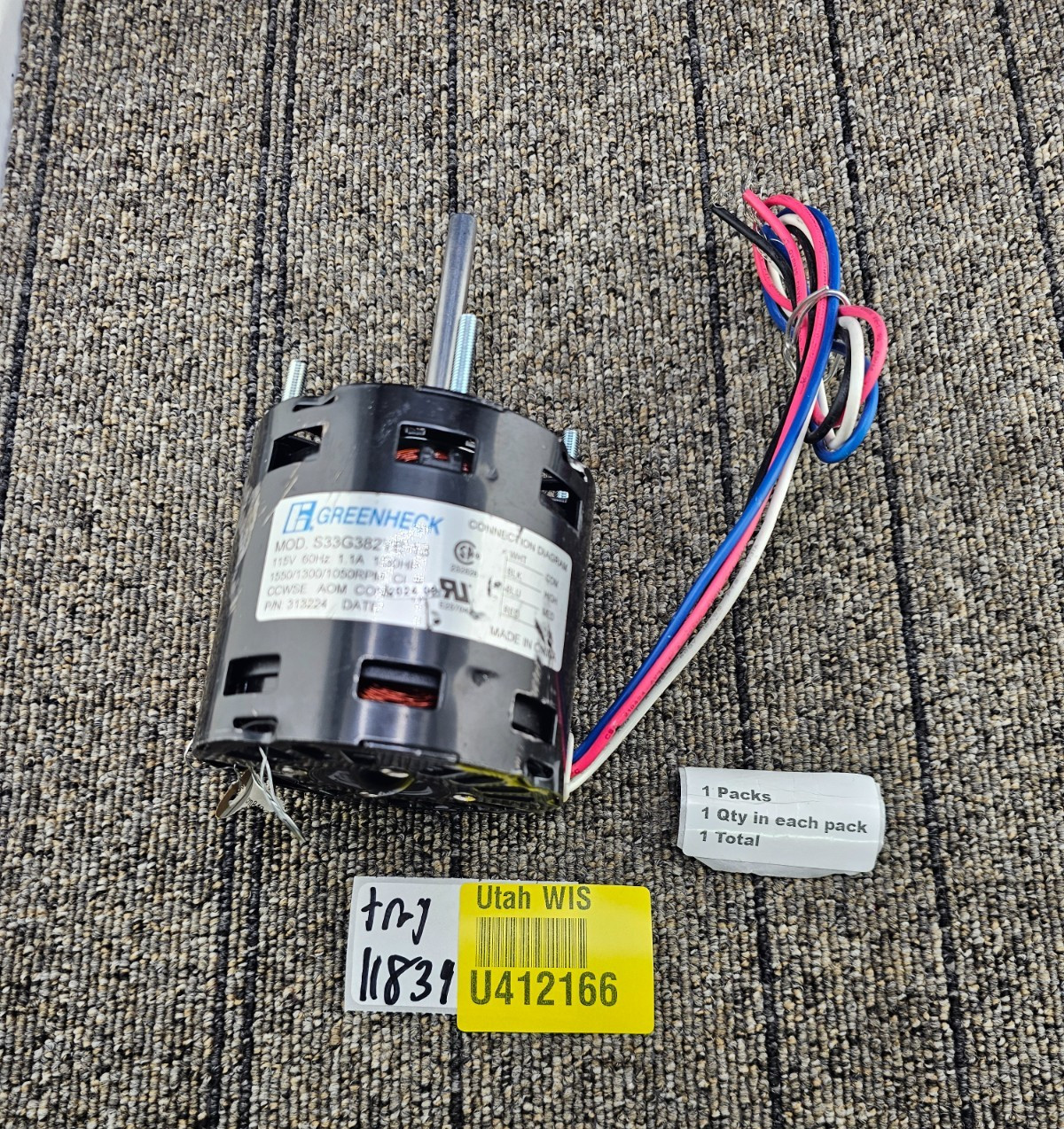 GREENHECK 313224: 1/30 HP, 3-Speed Thru-Bolt Fan Motor 115V, 60Hz, 1 Phase
