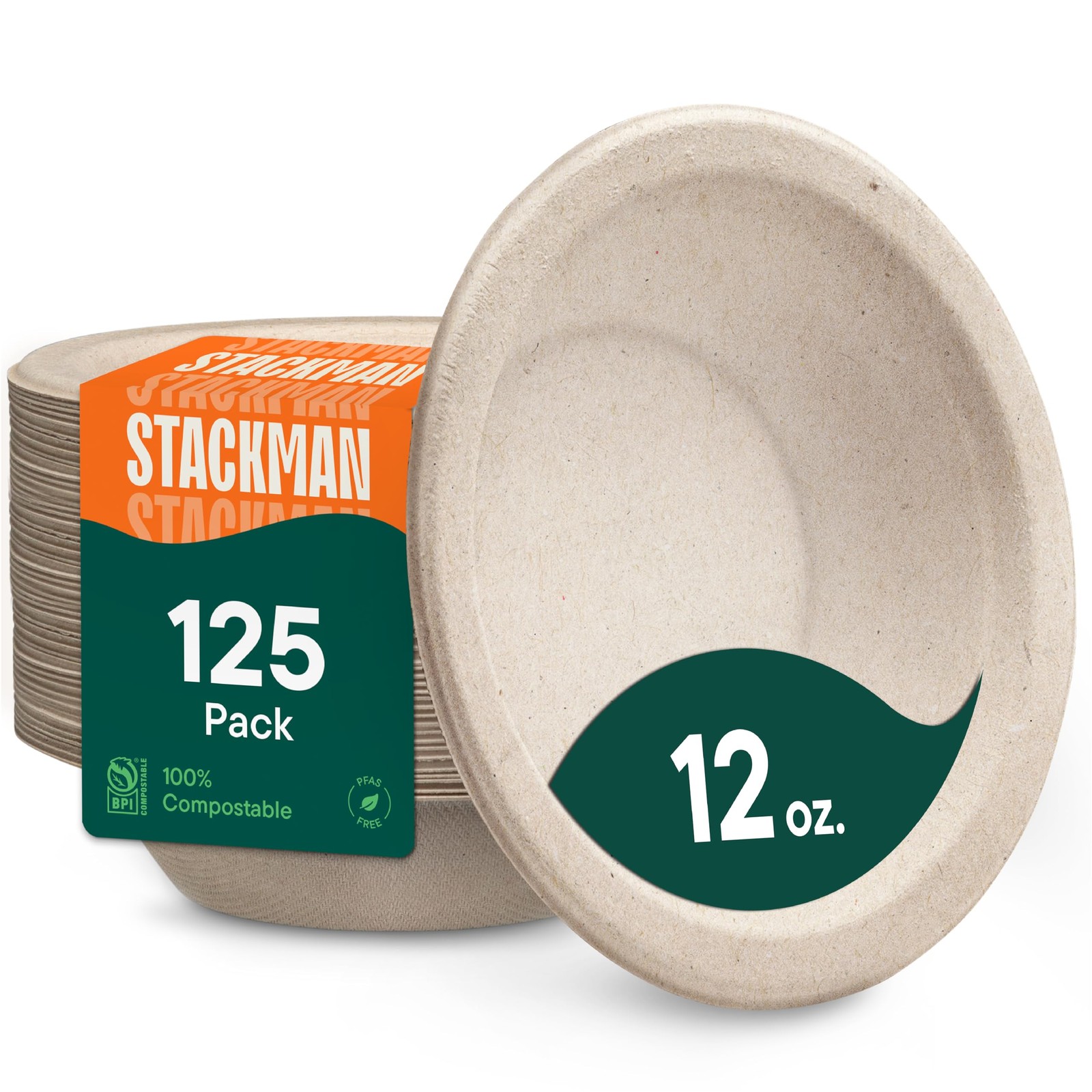 Stack Man Paper Bowls, 100% Compostable Disposable Soup 12 oz. Brown