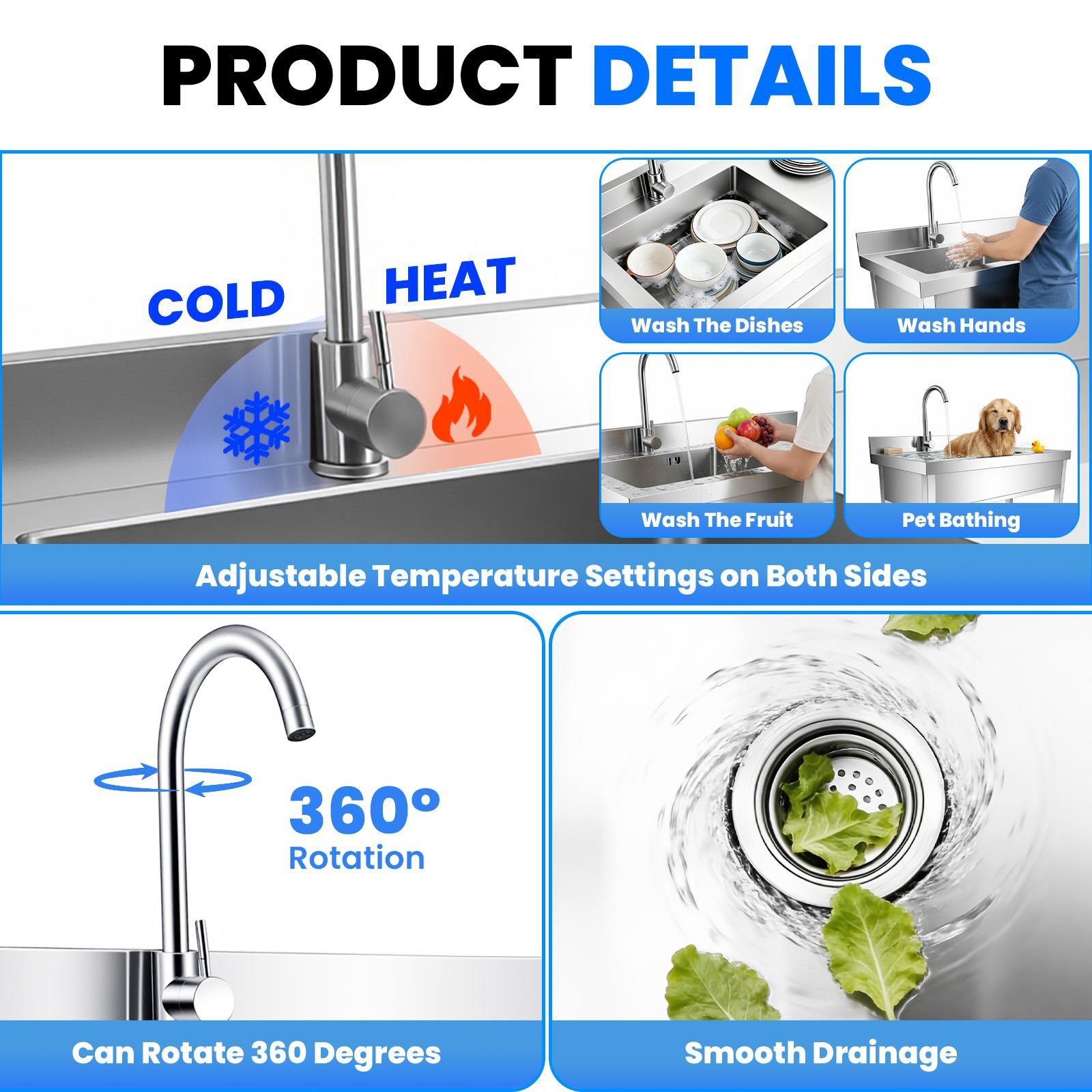 Stainless Steel Commercial Kitchen Sink,39″ Single Bowl Utility Sink Commercia