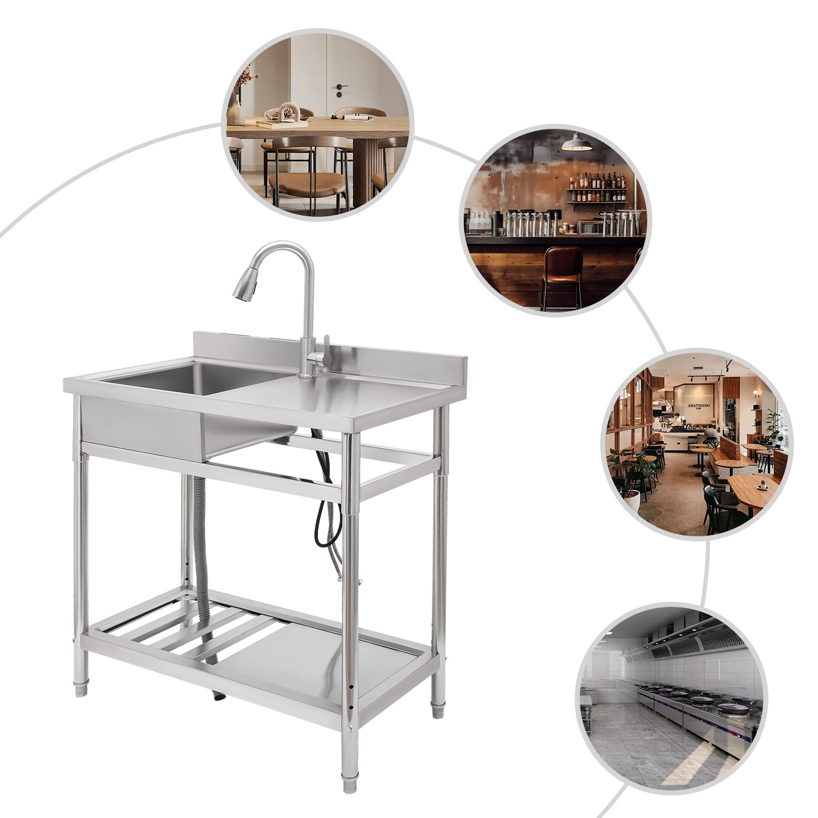 Stainless Steel Kitchen Utility Sink 39″ Freestanding Watersink +Pull-out Faucet