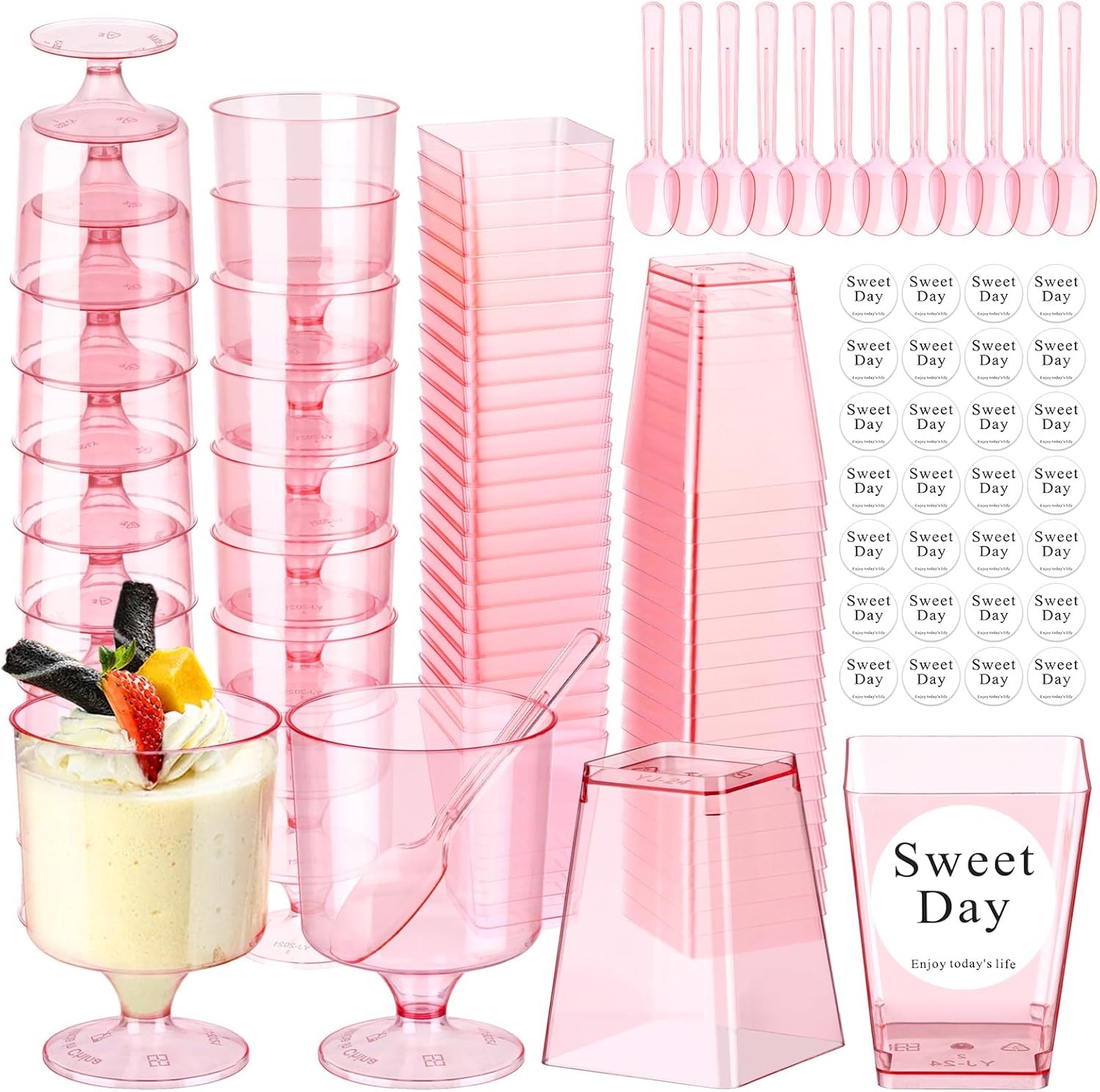 210 Pcs Mini Dessert Cups with Spoons Pink Clear Pastic Dessert Cups 5 oz,