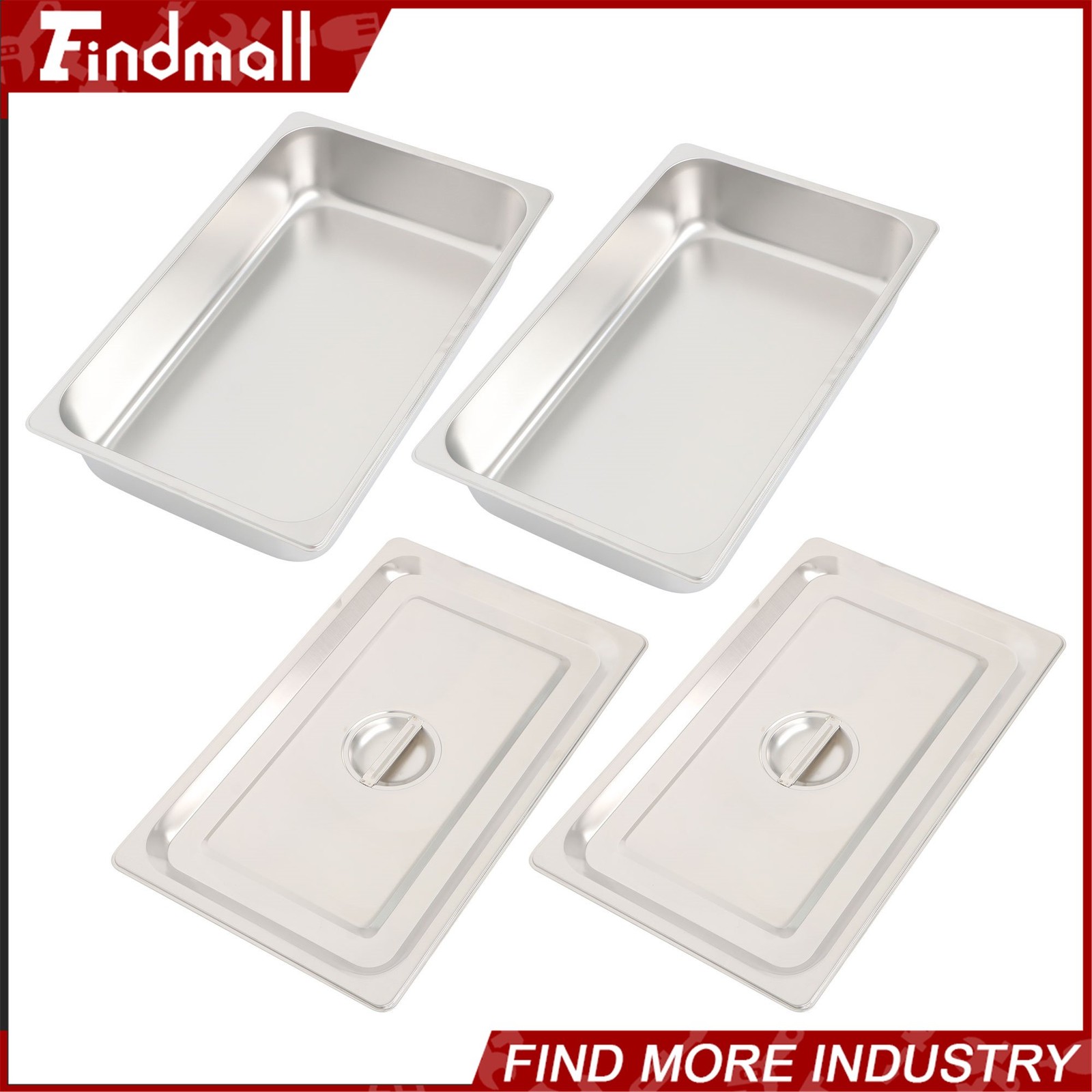 Findmall 2 Pack Stainless Steam Hotel Pan with Lid, 1/1 Size 4 Inch Deep