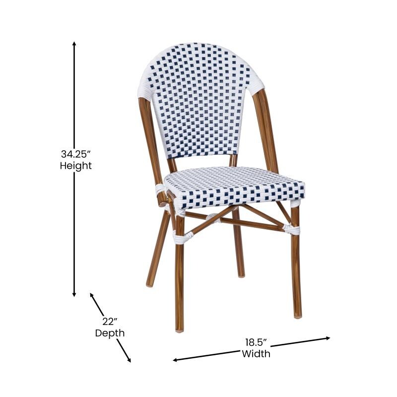 2 PACK Bistro Style White & Navy Armless Dining Chair With Bamboo Aluminum Frame