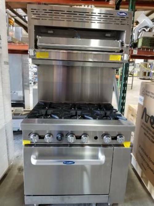 36″ RANGE STOVE, 6 BURNERS STANDARD FULL OVEN STOVE WITH SALAMANDER CASTERS GAS
