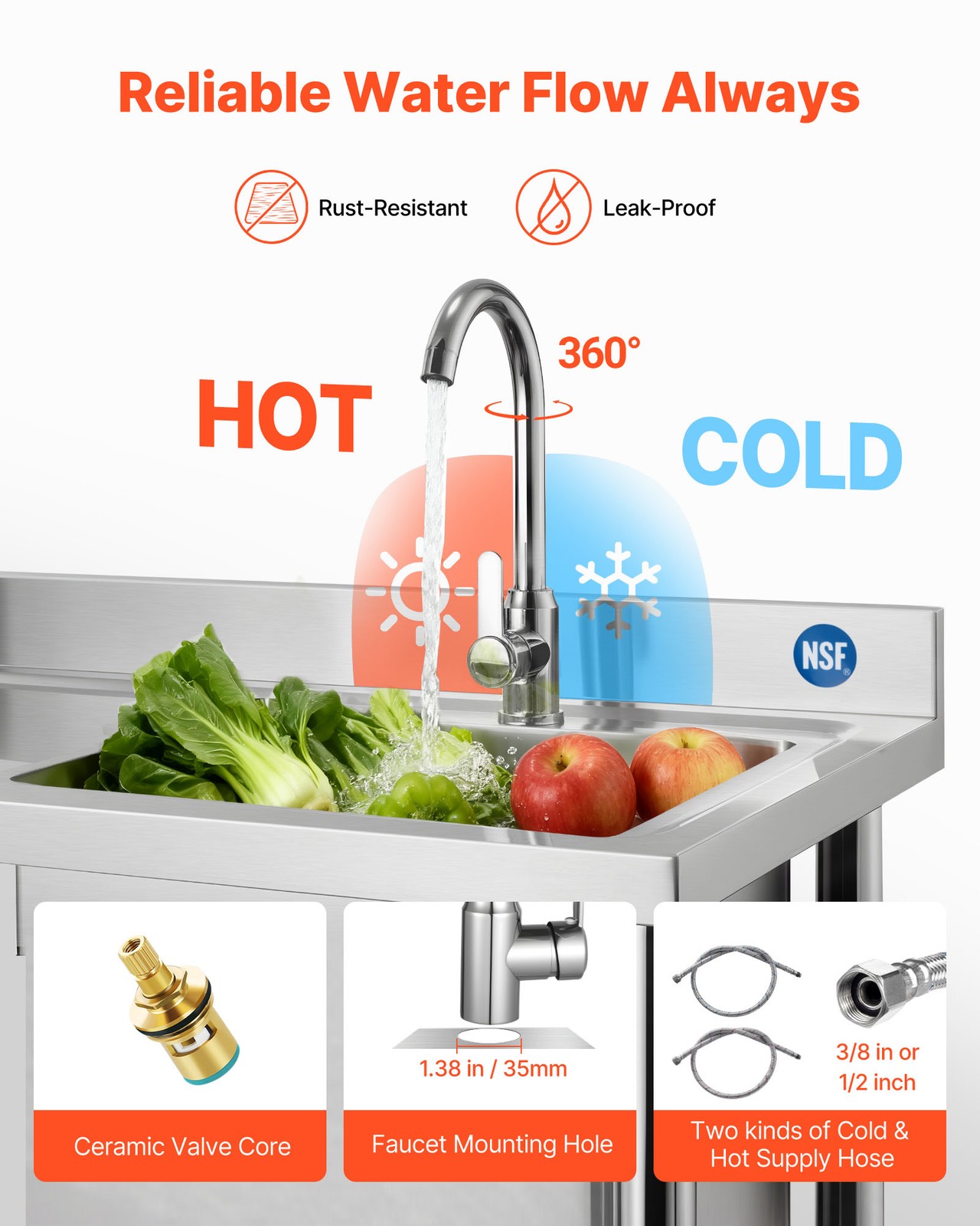 VEVOR Stainless Steel Utility Sink with Wheels Single Bowl 39.4 x 19.7 x 41.5 in
