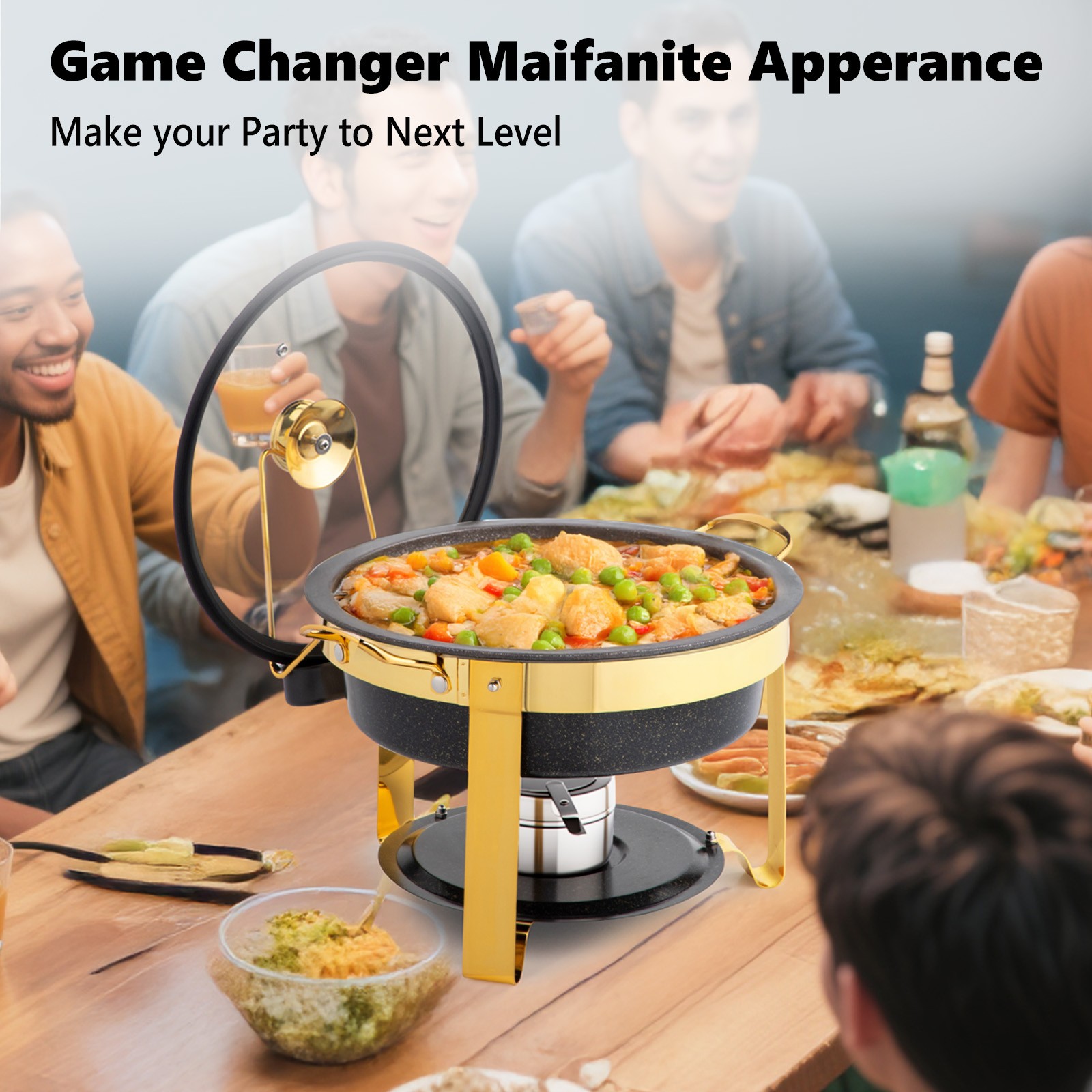 4-Pack 5QT Chafing Dish Set with Visible Glass Lid & Removable Lid Holder Black