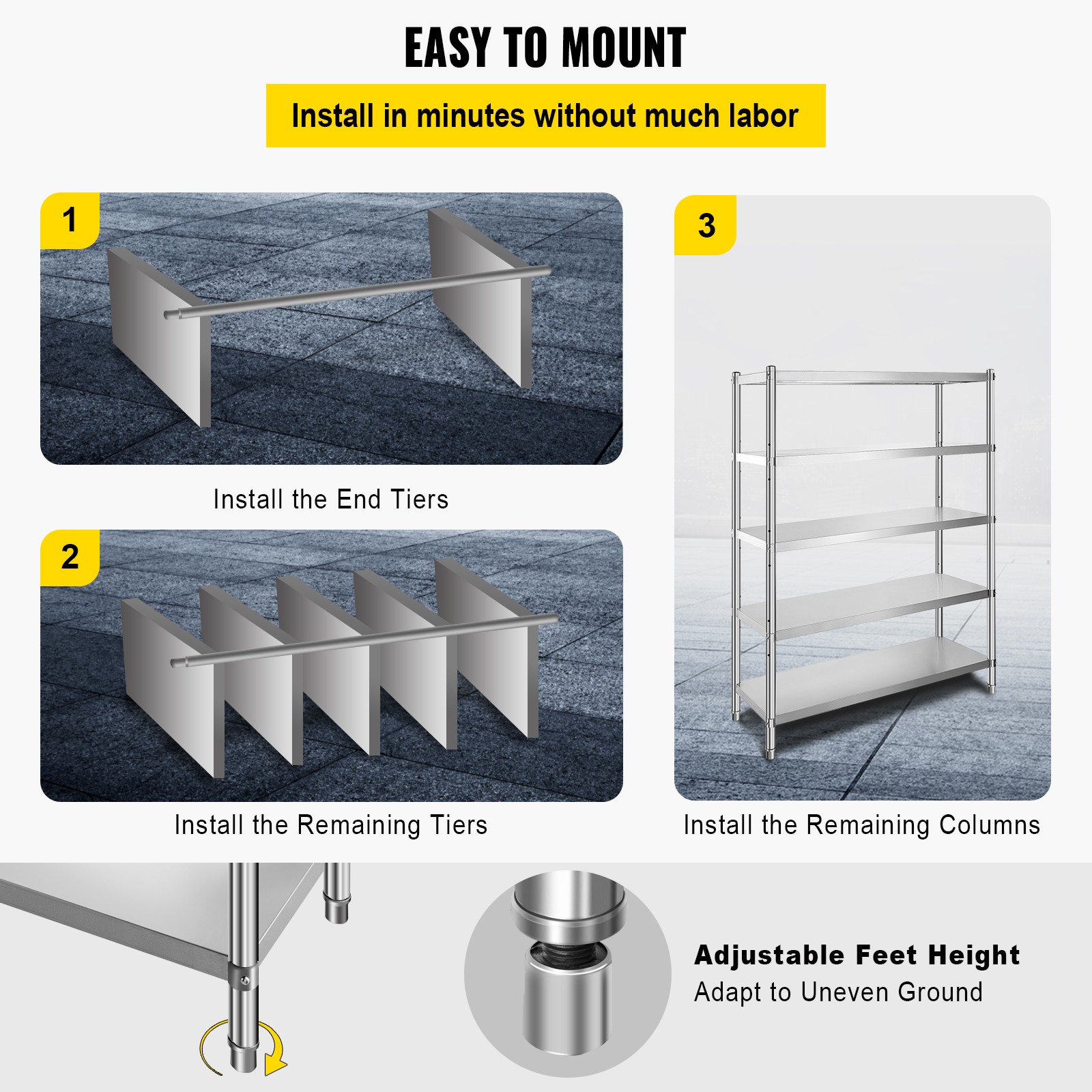 5-Tier Kitchen Shelves Shelf Rack Stainless Steel Shelving Organizer 47.5×18 in