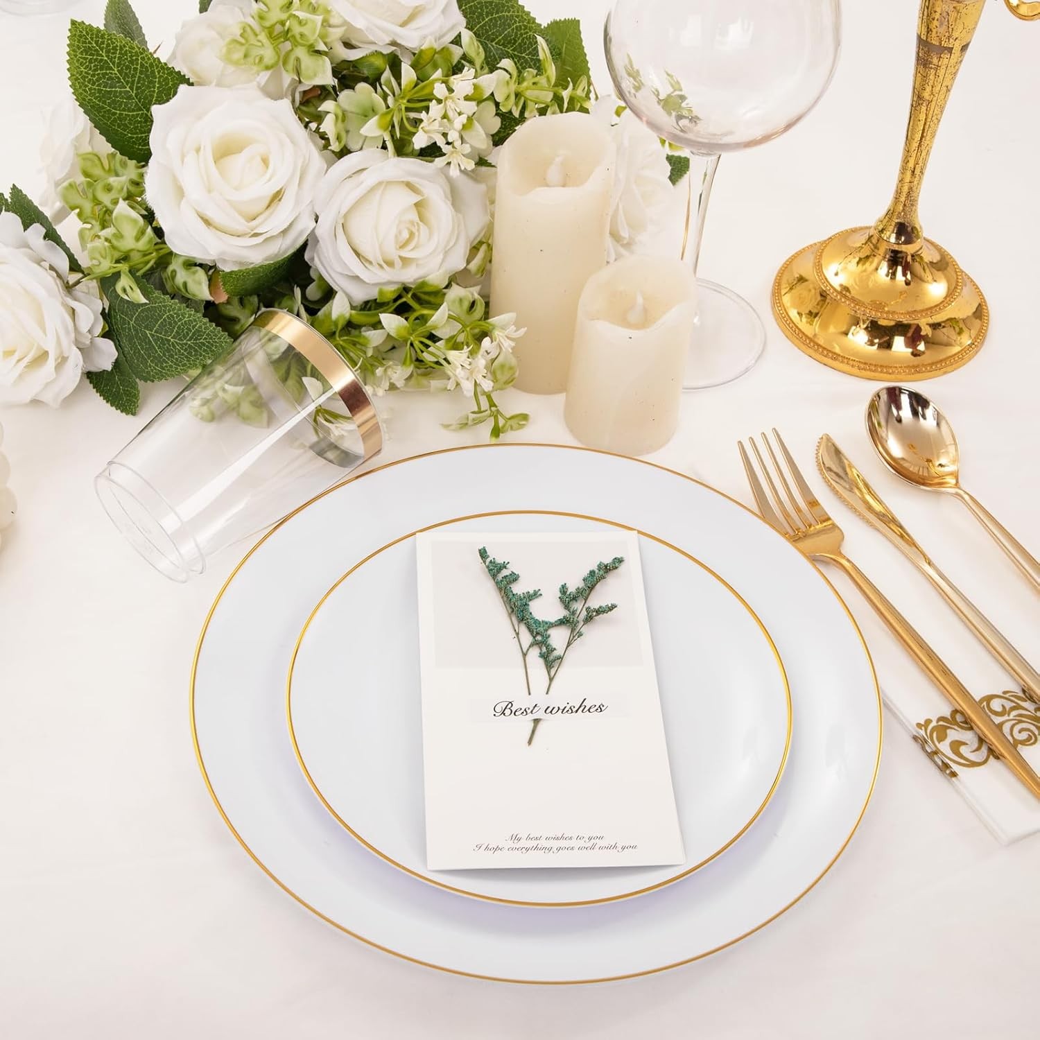MirthMood 210Pcs Disposable Plastic Plates Set, Gold and White Plastic Party