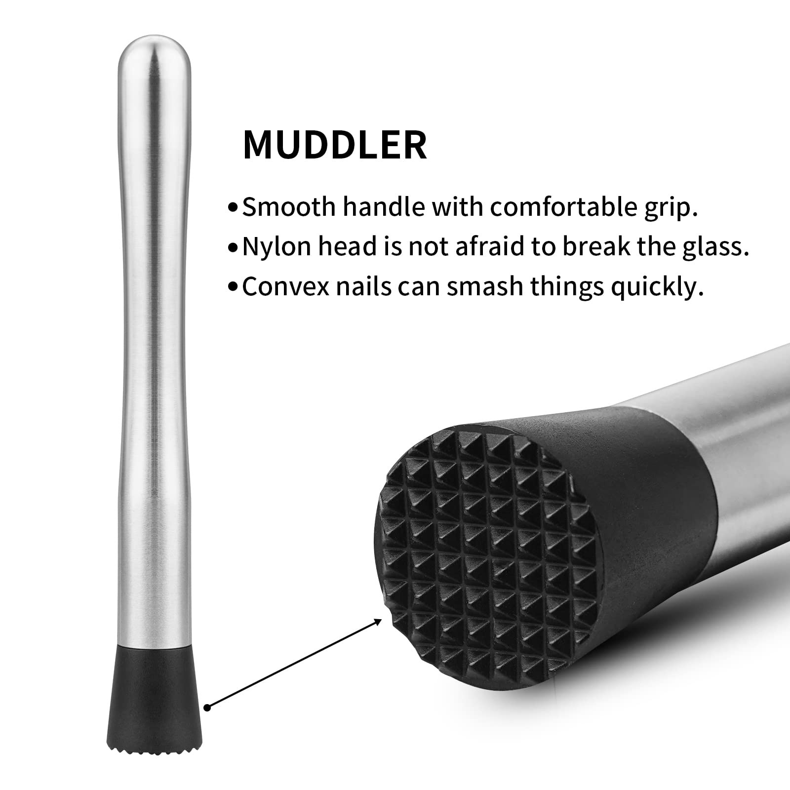 tifanso Muddler for Cocktails, 10″ and Long Handle Bar Silver