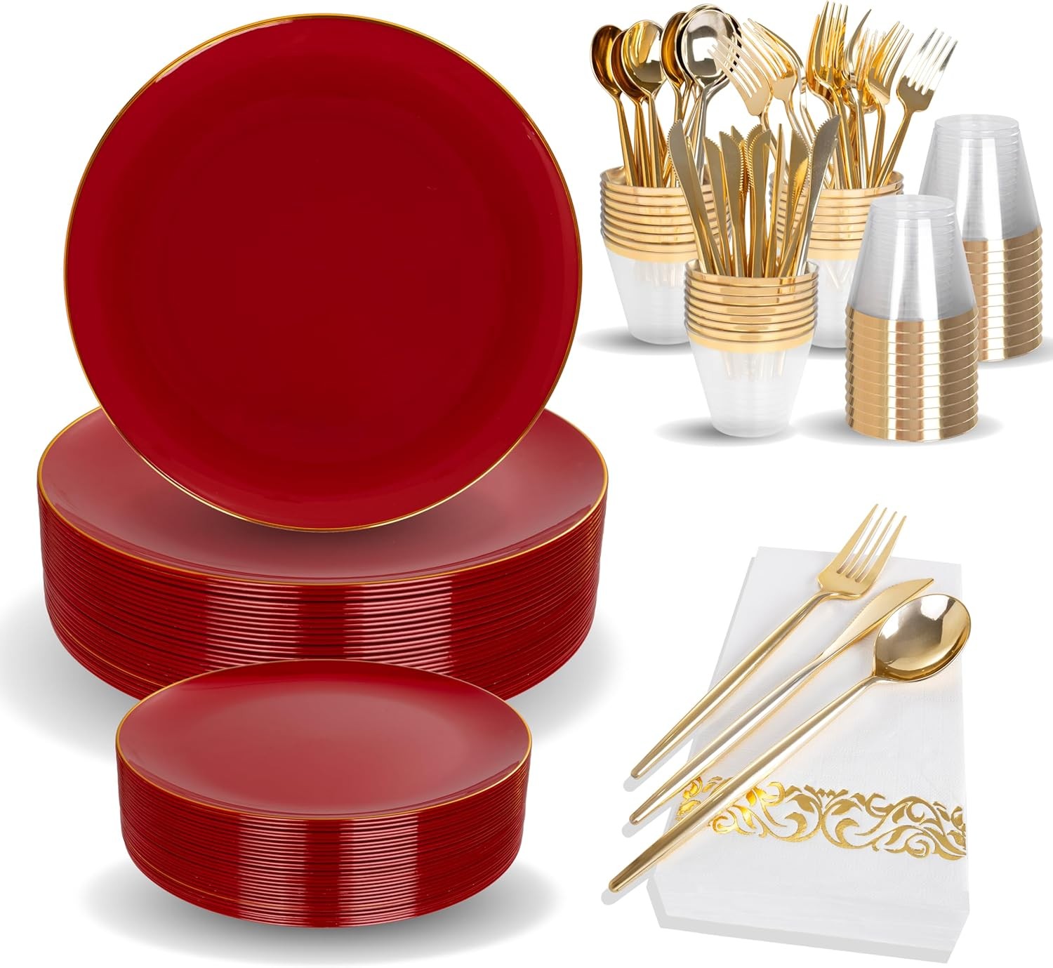 MirthMood 210pcs Red Plastic Plates,Disposable Red Gold Party Plates,Include 30