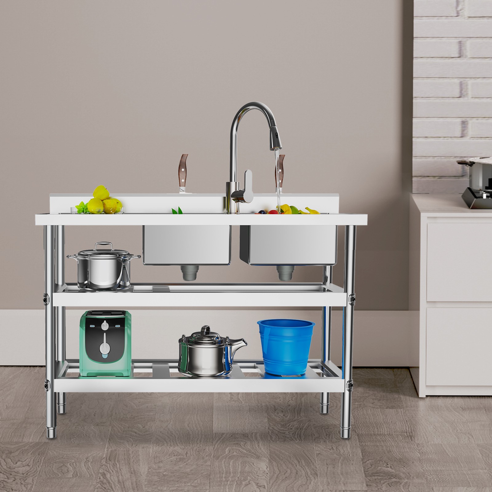 3 Tiers Kitchen Sink w/Pullable Hot&Cold Water Faucet Double Sinks Silver sink