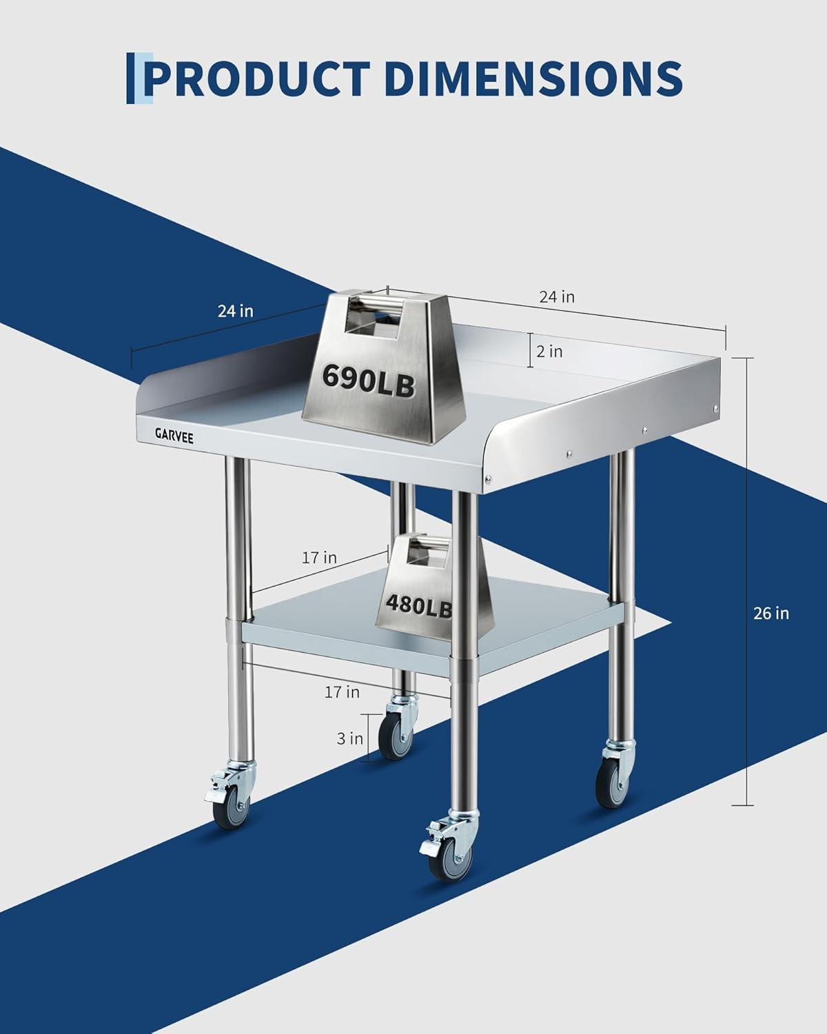 Stainless Steel Work Table w/Wheel Food Prep Table w/3Side Detachable Backsplash