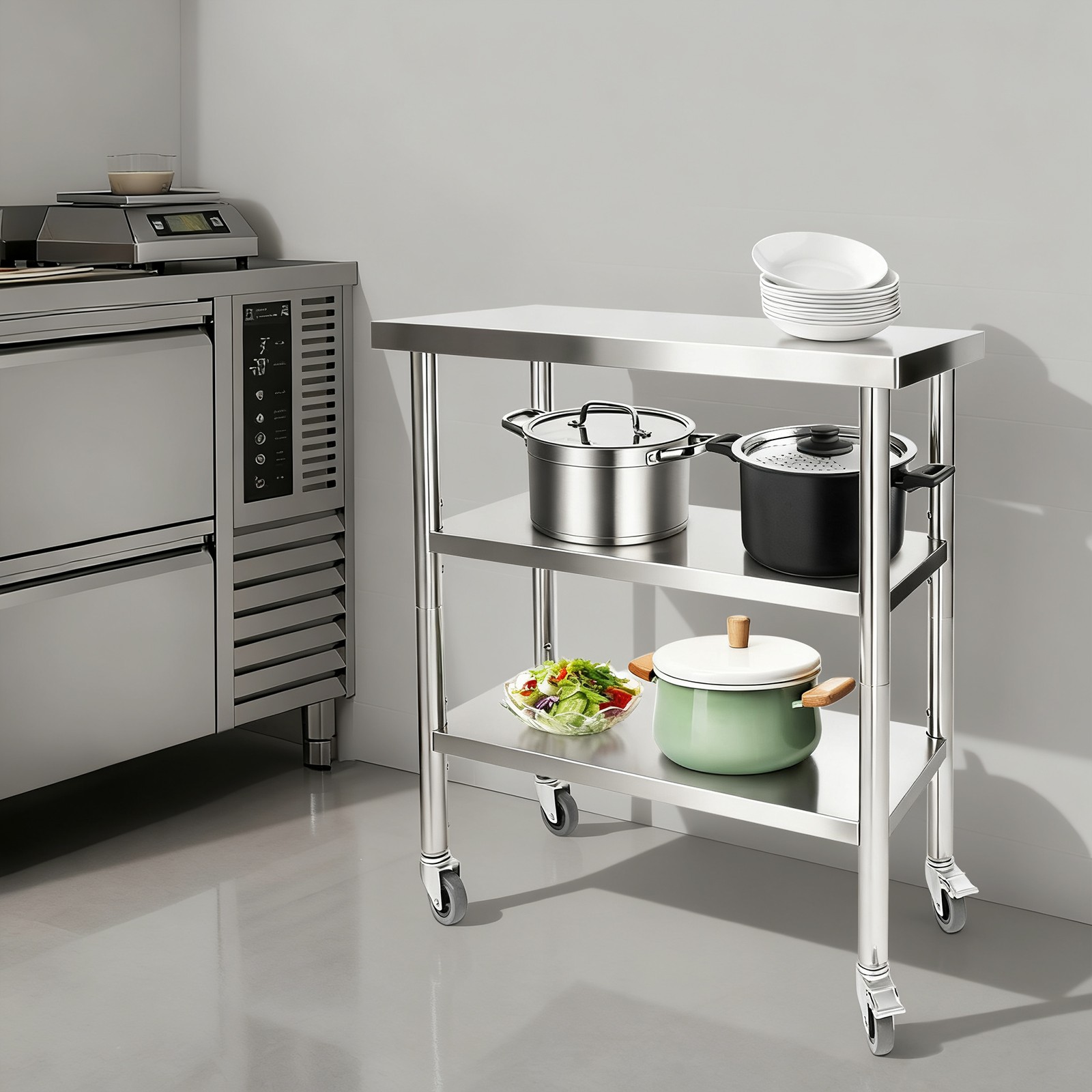 30*14*35in Utility Table, 3 Tiers Work Table, Metal Work Bench With 4* Casters