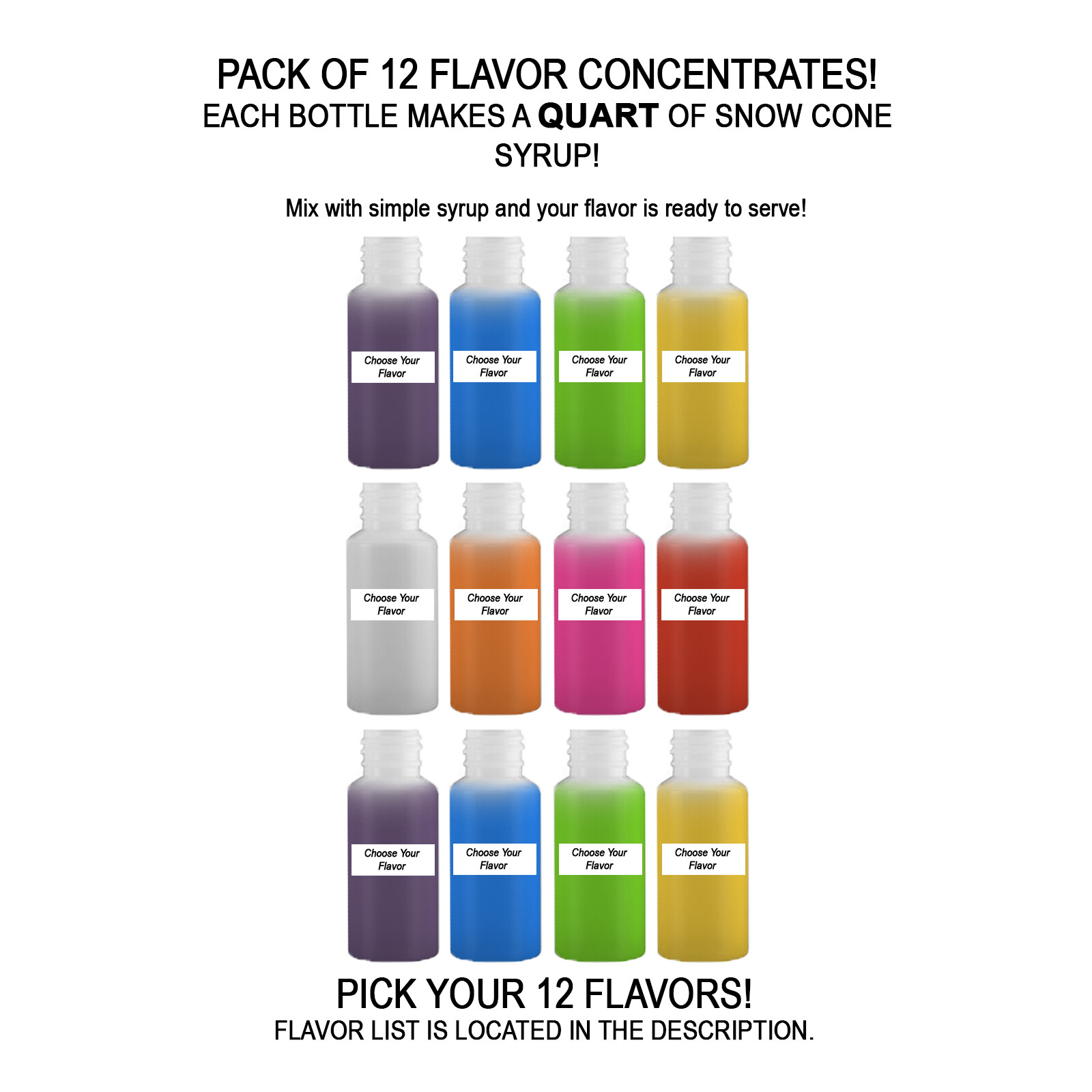 Shaved Ice Sno Cone Flavor Syrup Mix Concentrate Snow Kone Mix **12 PACK*** 1oz