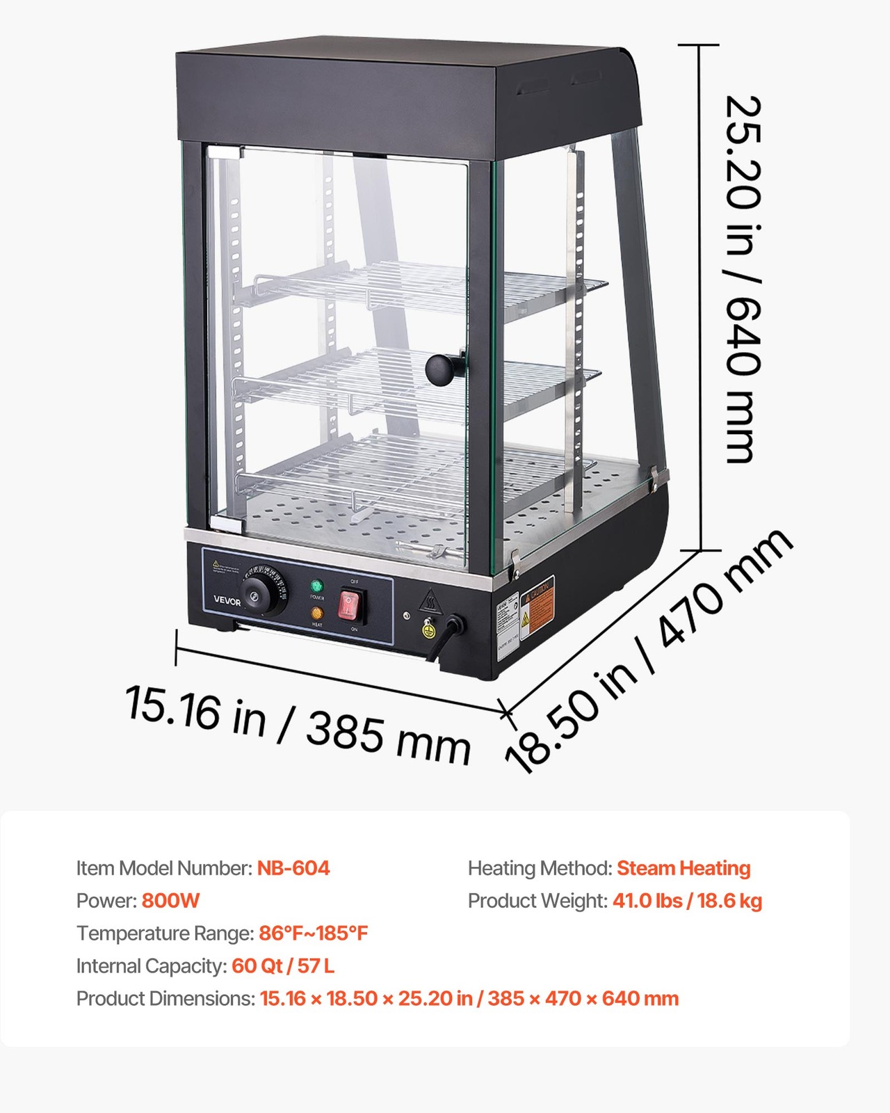 VEVOR 3-Tier Commercial Food Warmer Display Pizza Cabinet 60 Qt /57L LED Light