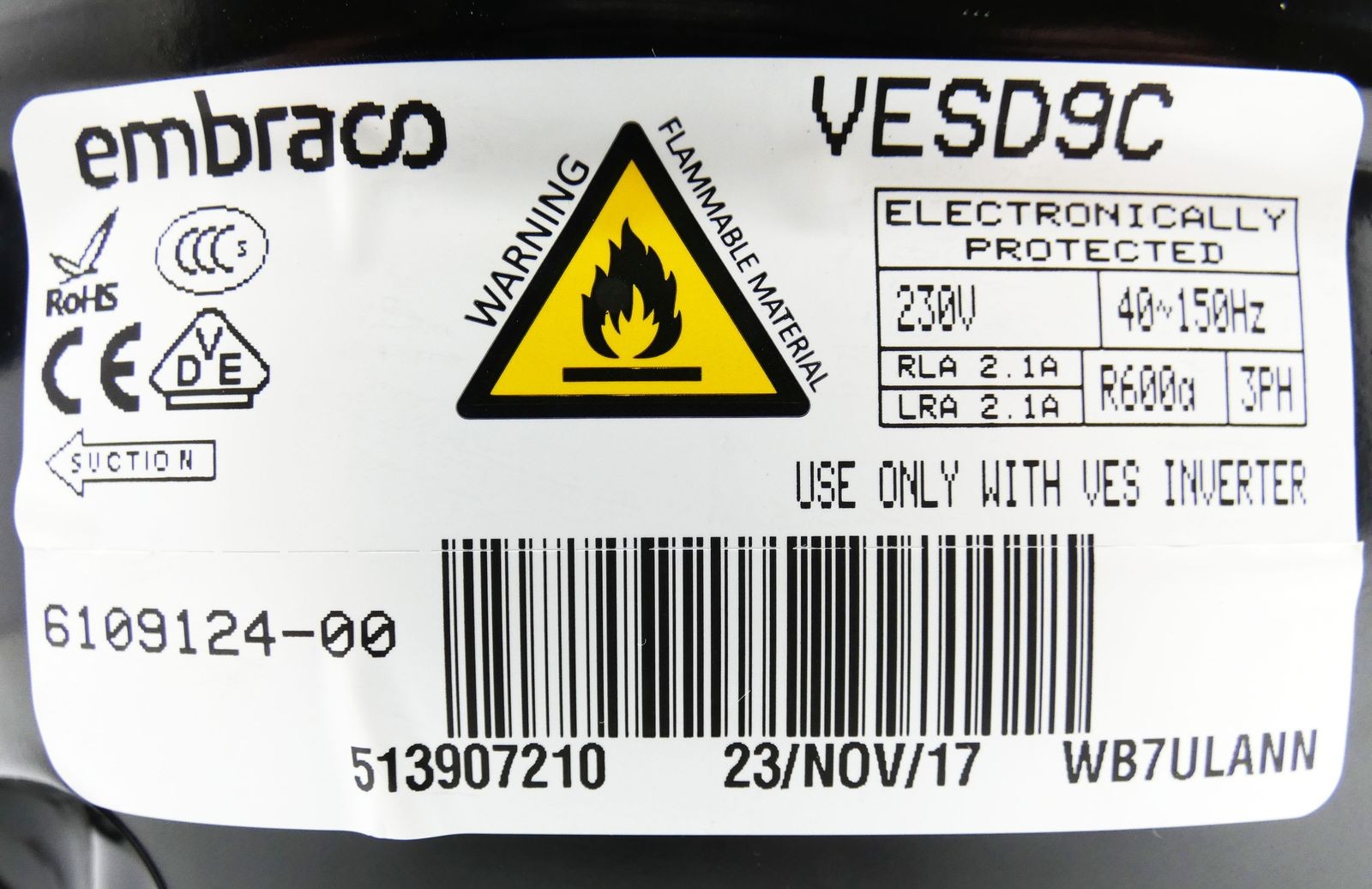 Embraco VESD9C 230V Compressor + CF02D01 230V 2.1A Inverter -Unused-