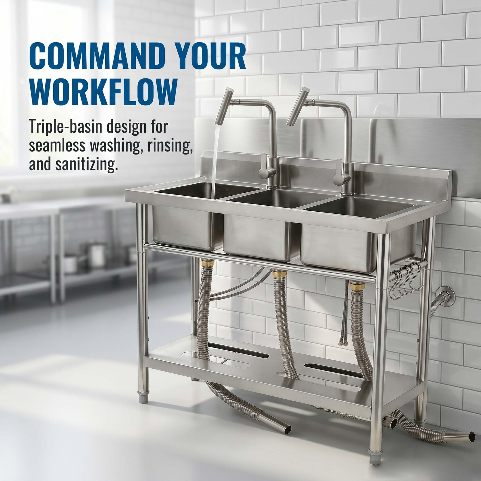 Stainless Steel Kitchen Utility Sink, Freestanding 3-Compartment Sink w/ Faucets
